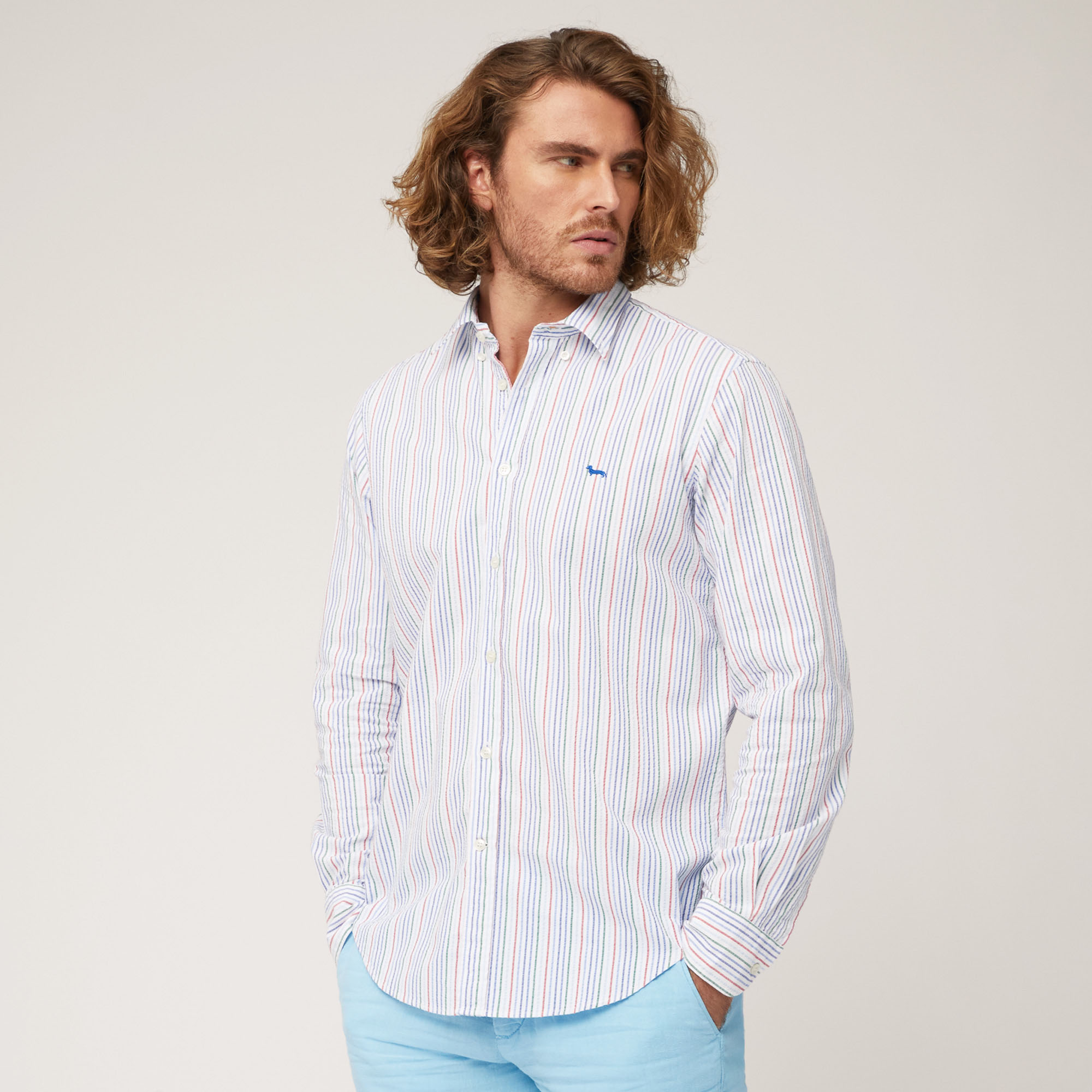 Multicolored Seersucker Stripe Cotton Shirt