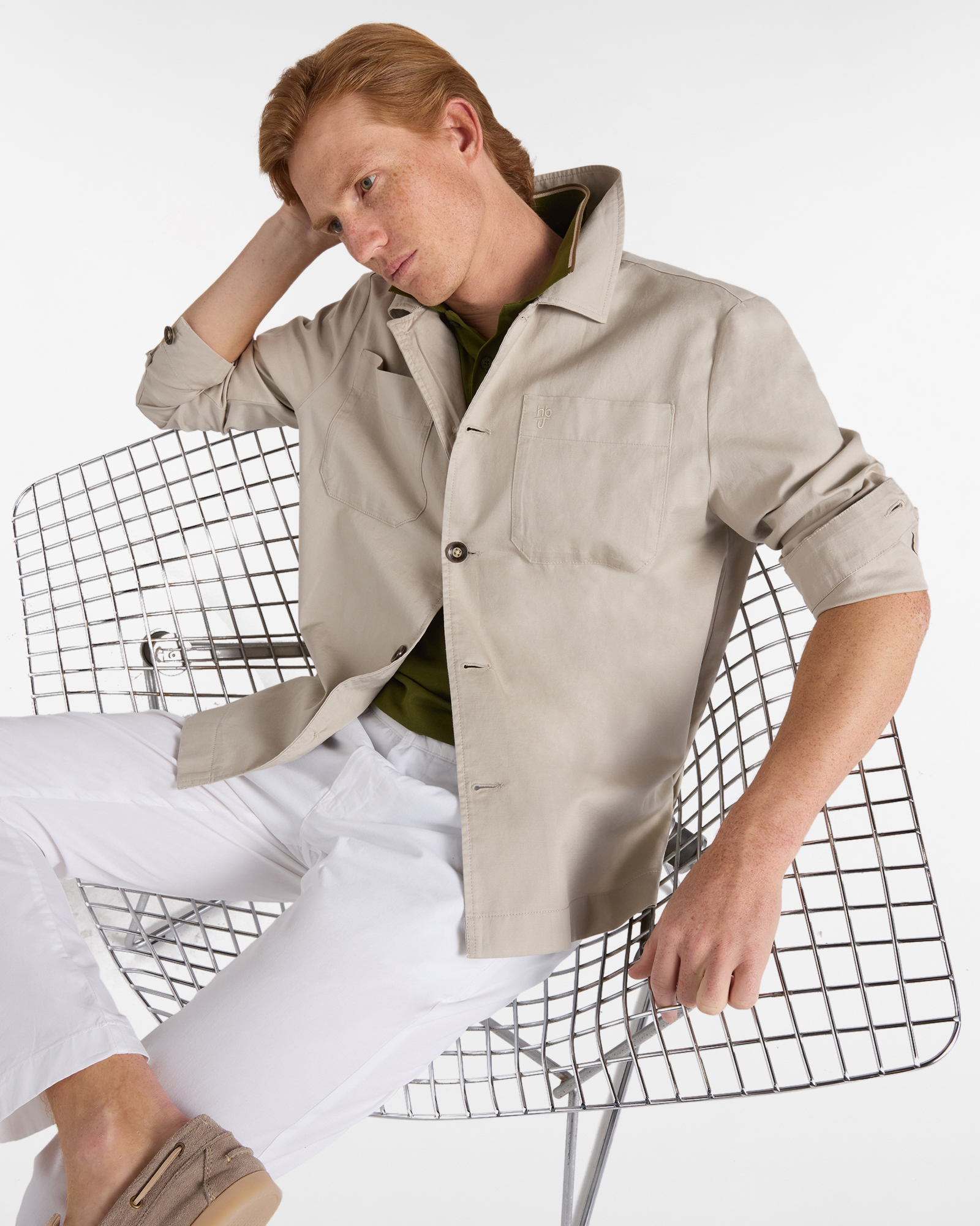 Overshirt Uomo in Tessuto Armaturato Leggero, Beige, large image number 2