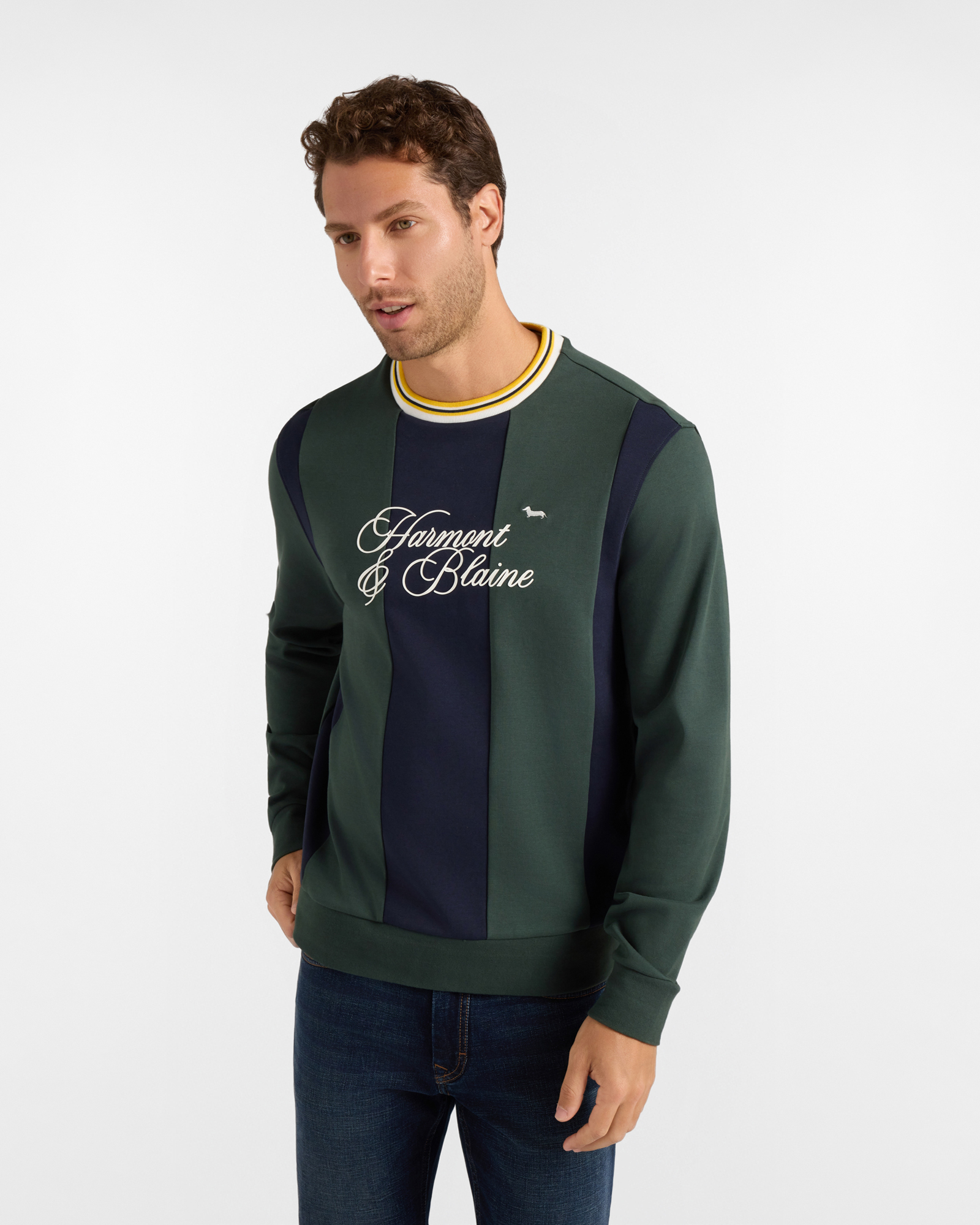 Felpa Uomo girocollo verde con pannelli a contrasto
