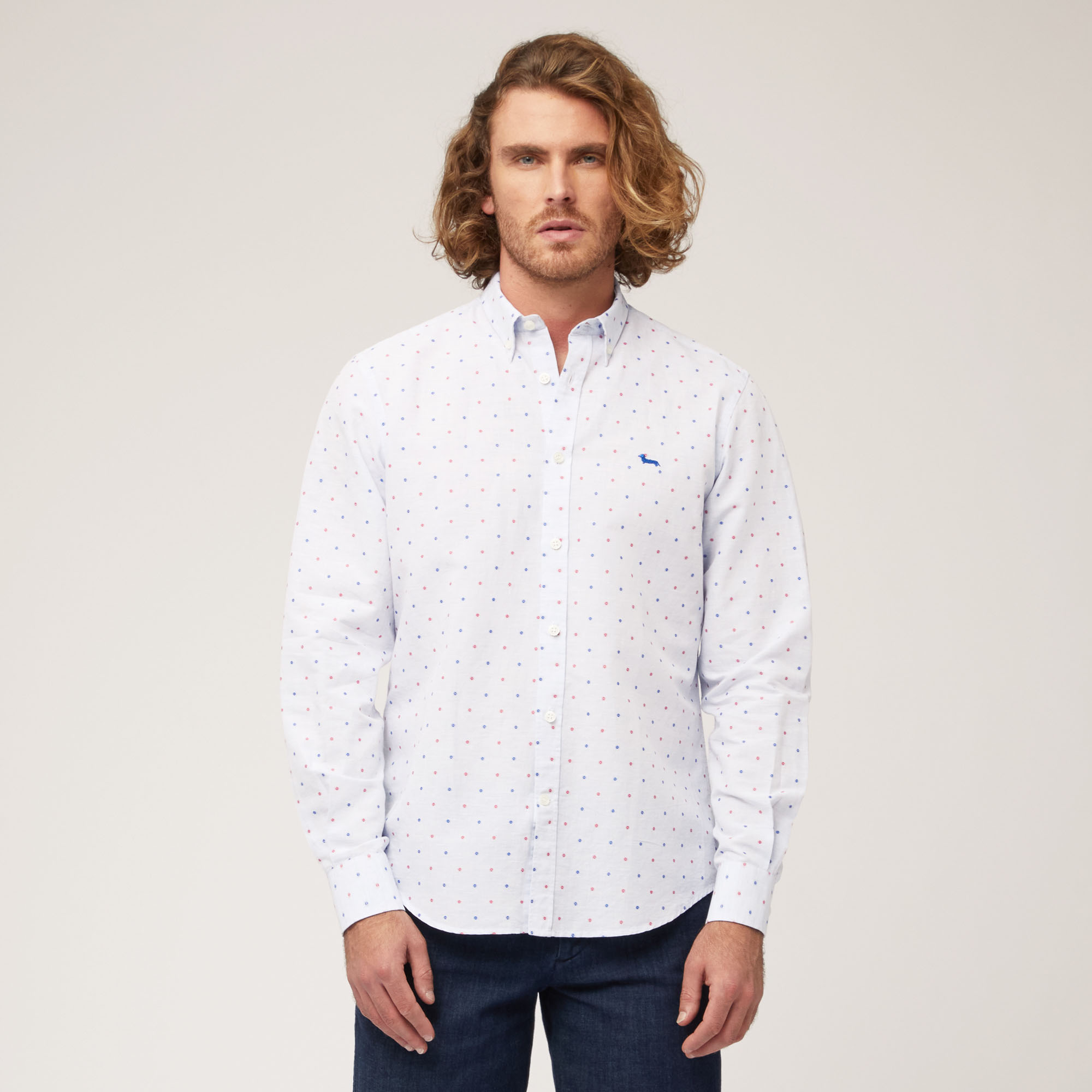 Camisa de algodón y lino con micromotivo, Azul cobalto, large image number 0