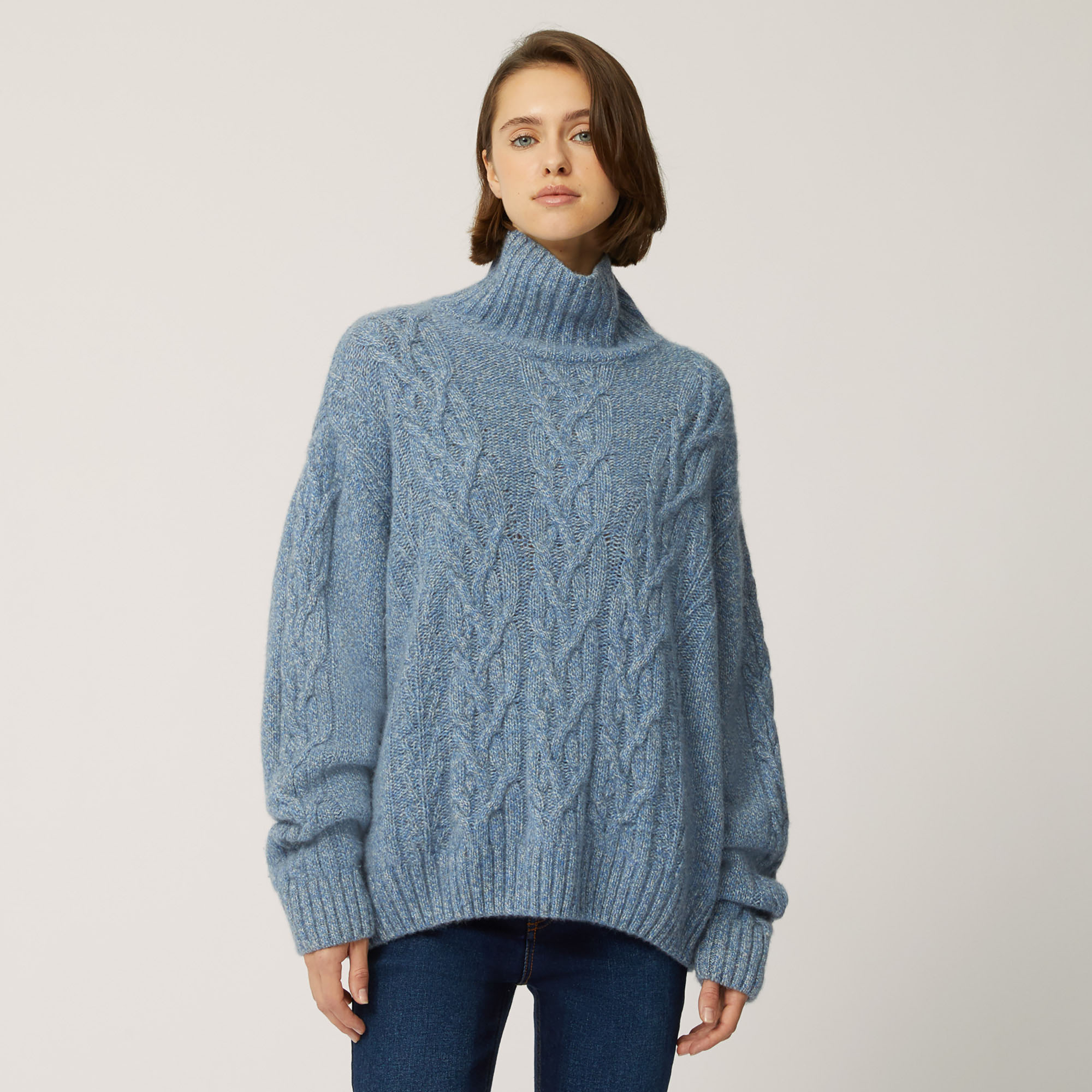 Braided Cashmere Turtleneck, Blue, large image number 0