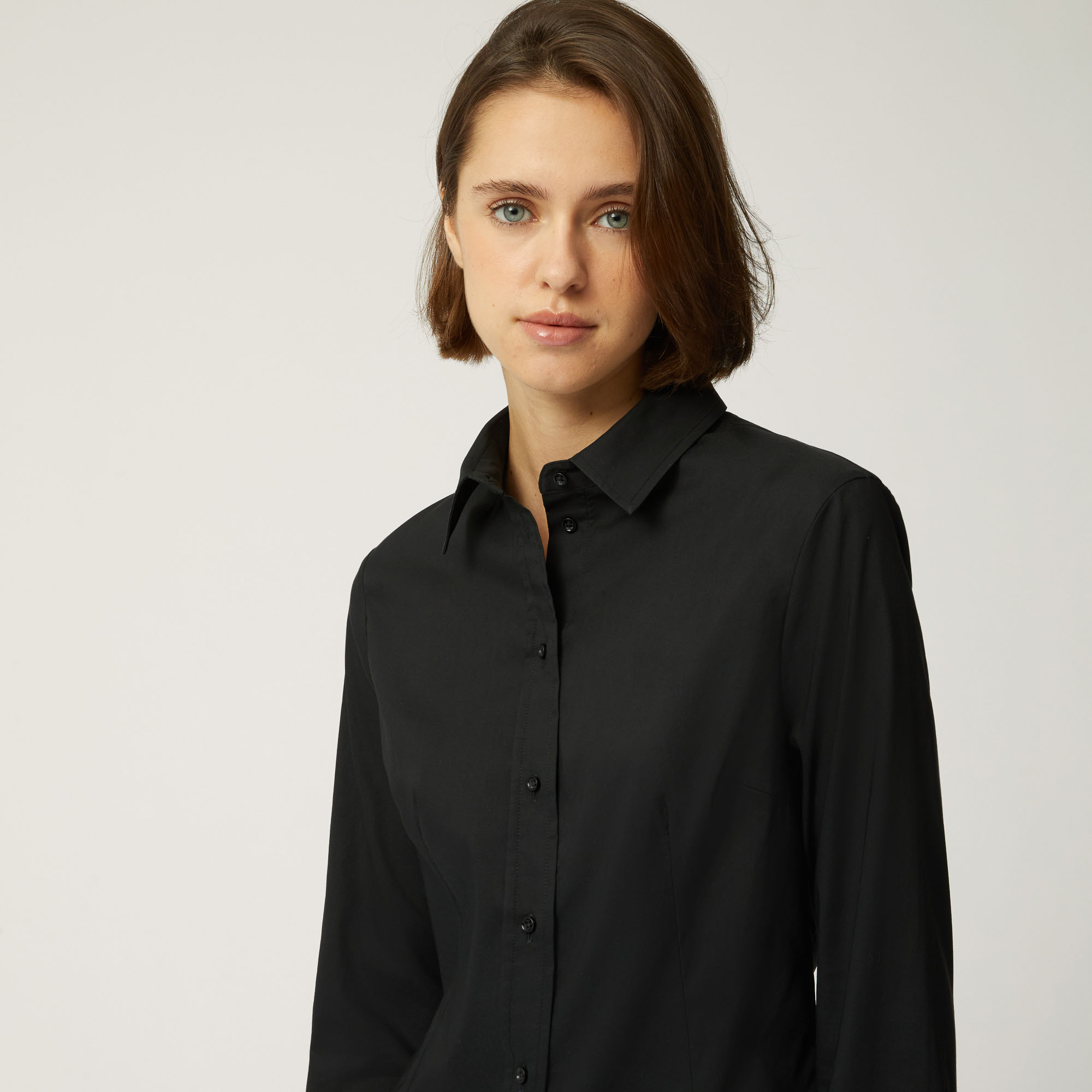 Camicia Slim In Popeline Di Cotone Stretch, Nero, large image number 2