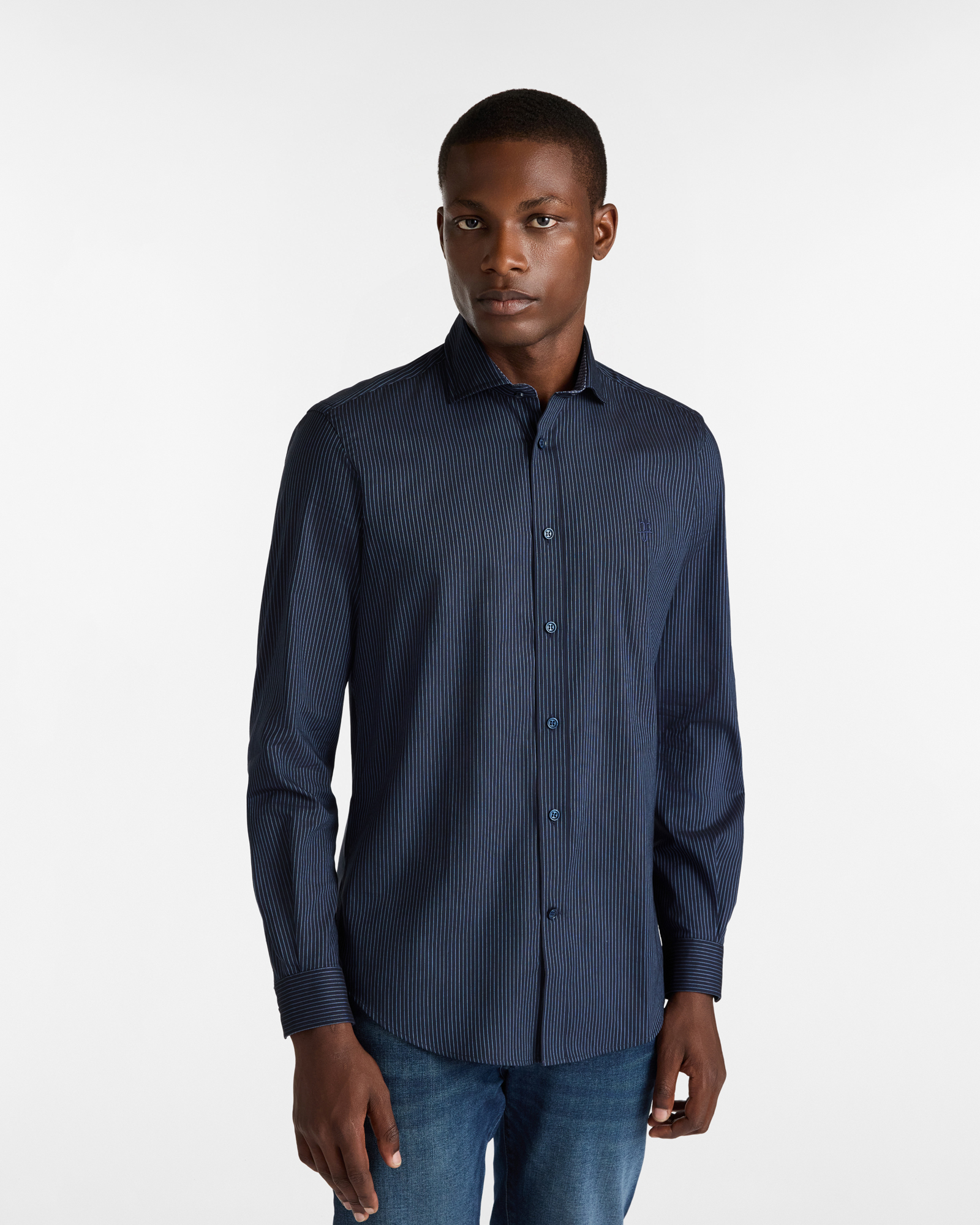 Camicia a Righe in Cotone con Collo alla Francese