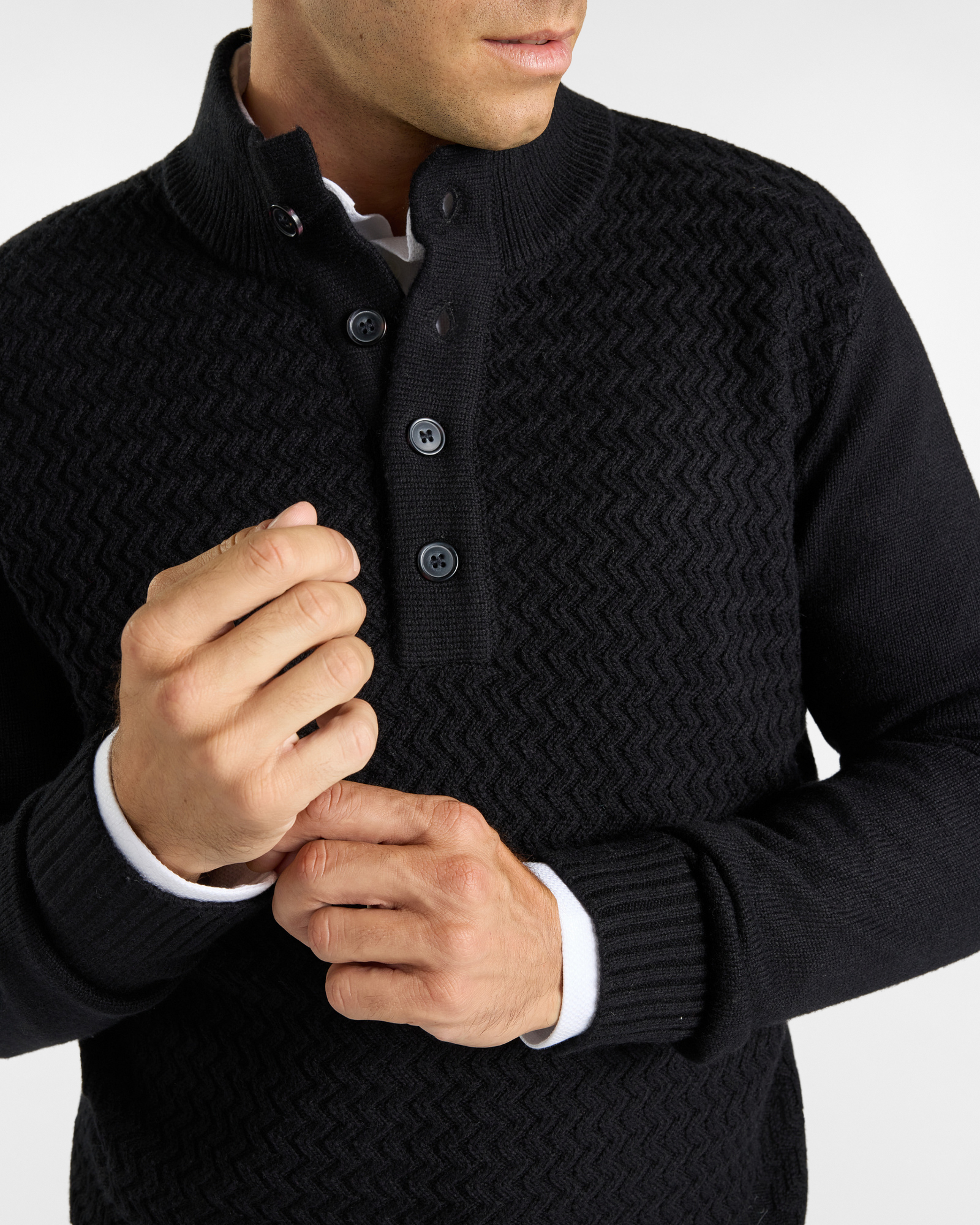 Maglia HBJ Uomo con Collo Alto e Finta Bottonata in Misto Mohair, NERO, large