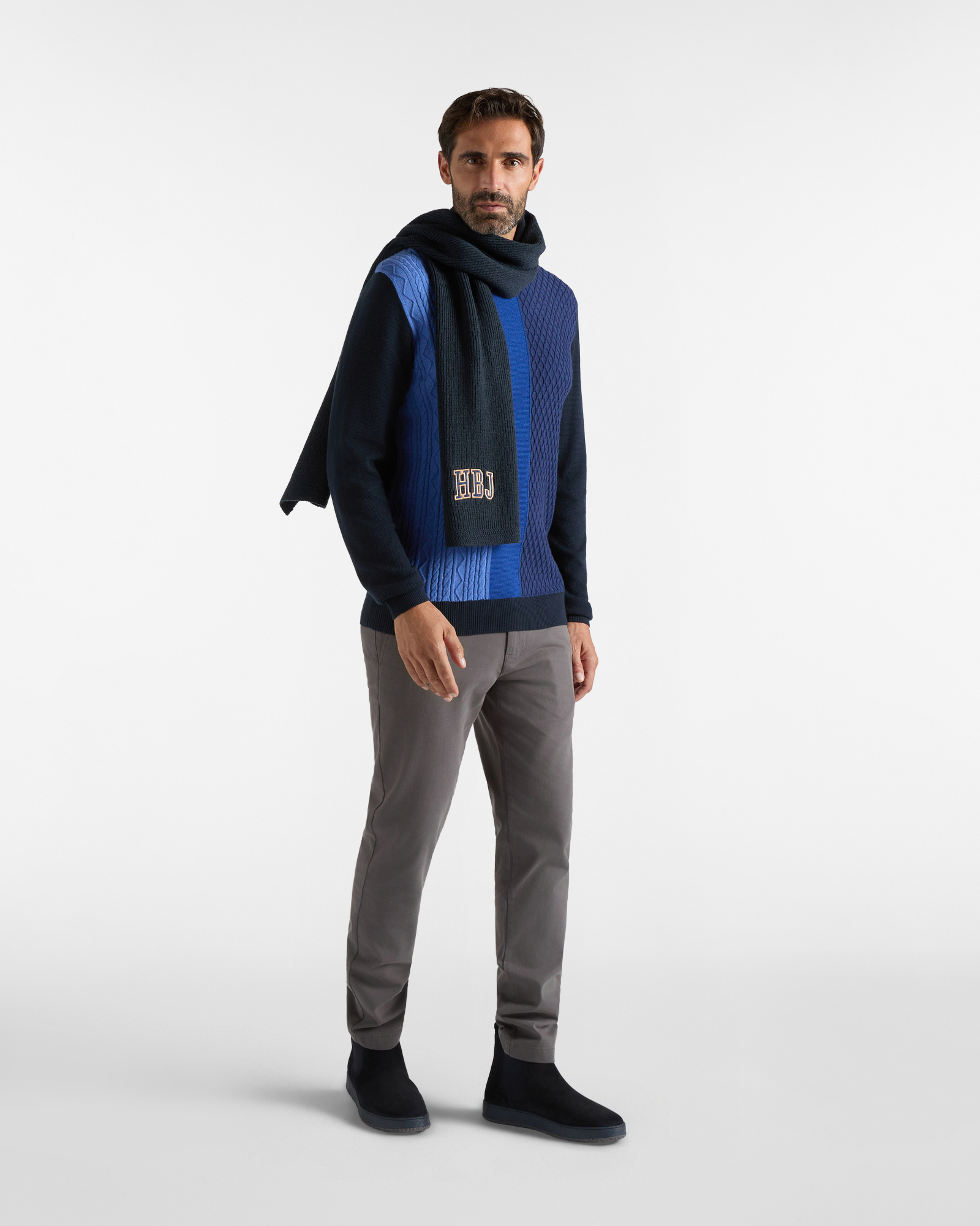 Maglia girocollo HBJ Uomo colour-block in misto lana e cashmere, BLU SCURO, large