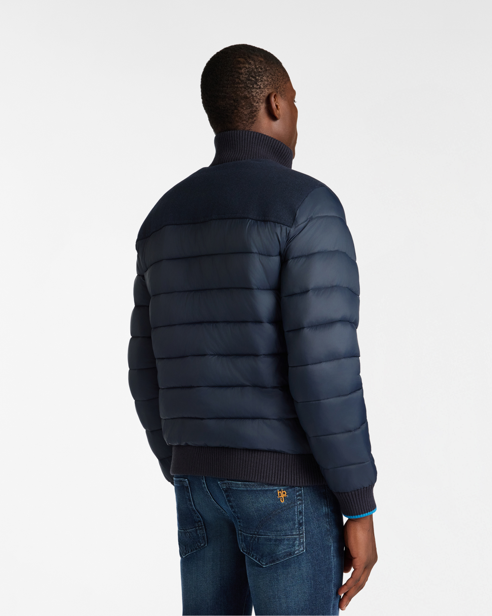 Padded Bomber Jacket in Nylon and Wool with Knitted Collar
