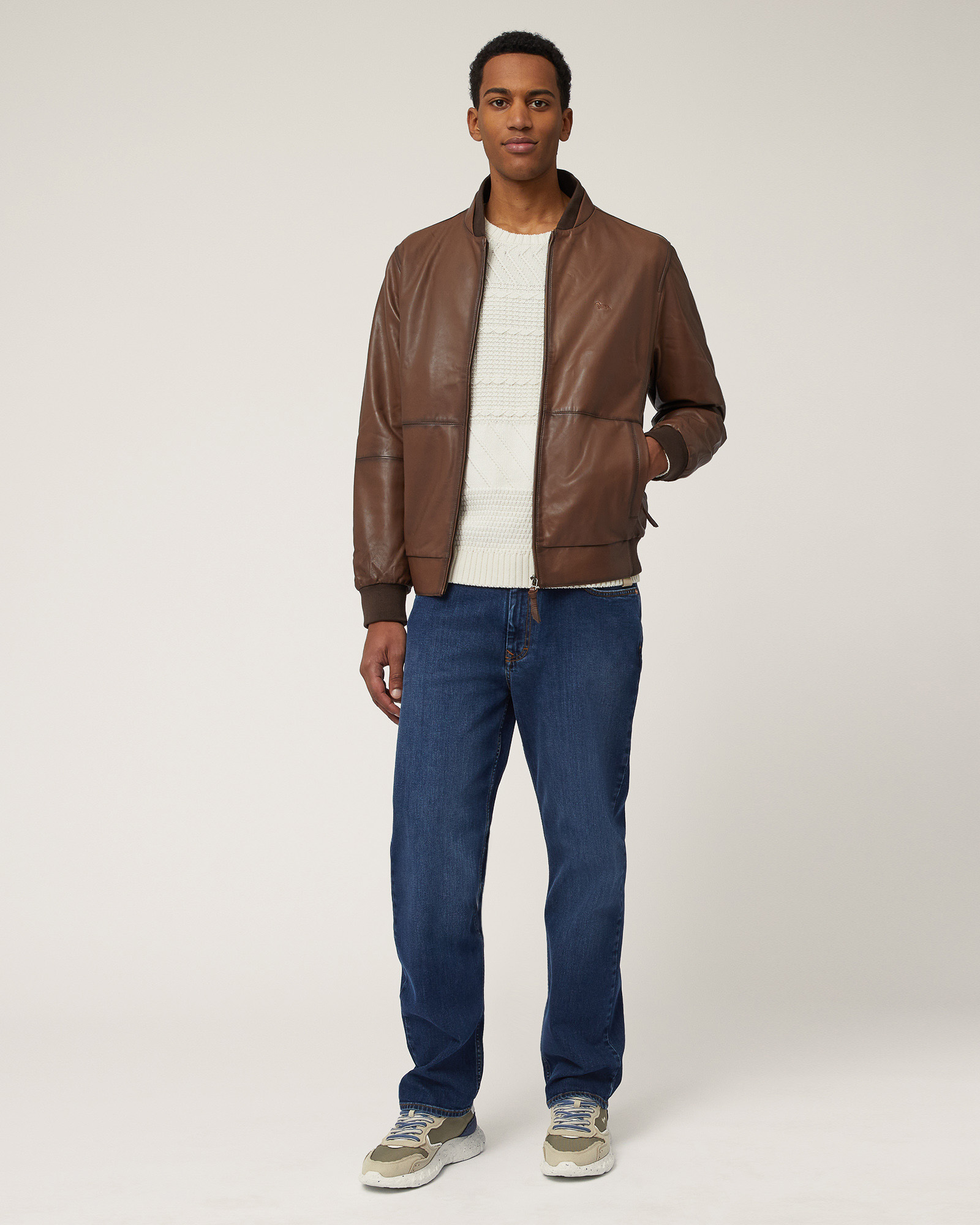 Indigo Cruise Nappa Leather Bomber Jacket, Siena Color, large image number 3