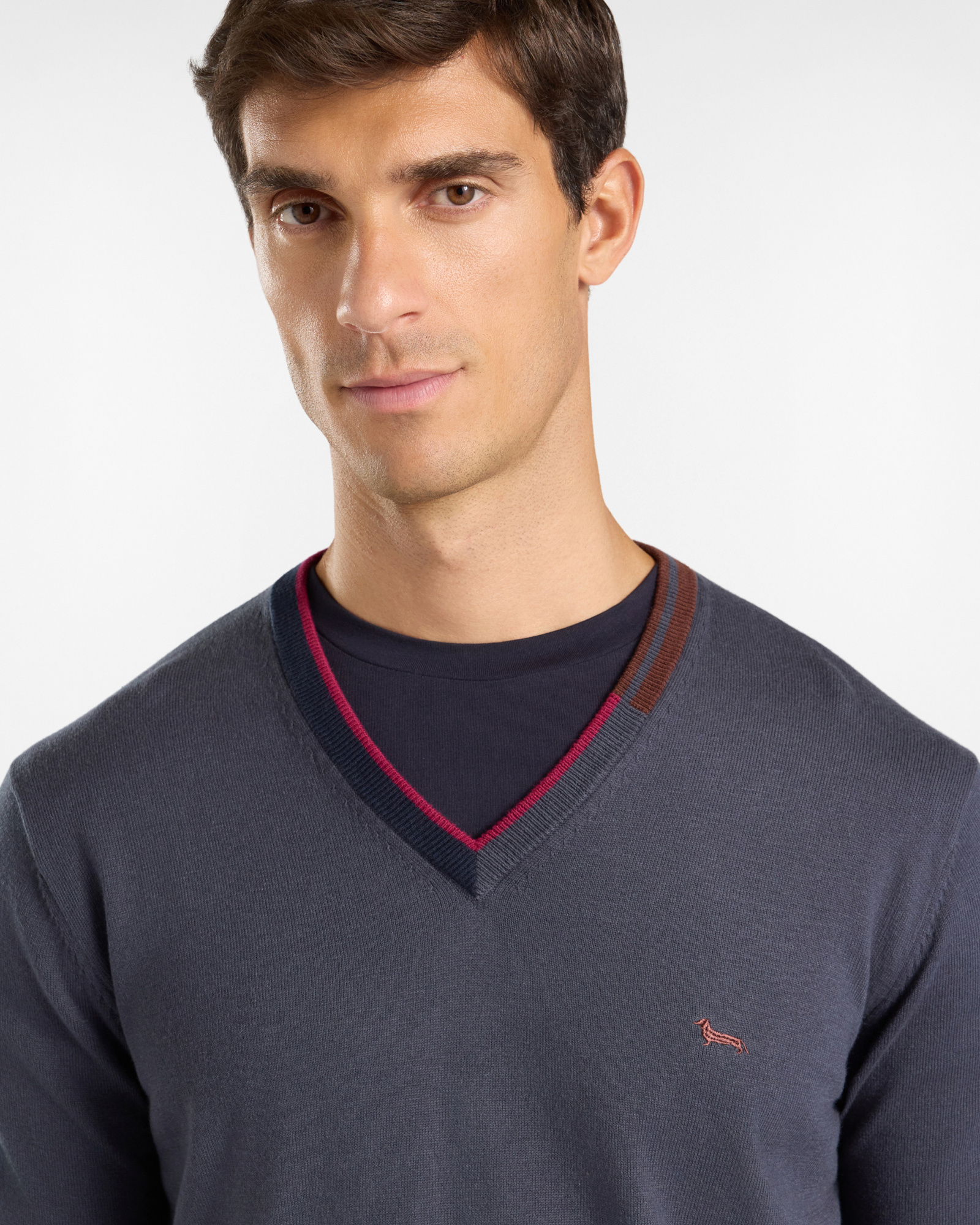 Maglia Uomo con scollo a V in misto lana e cotone Regular Fit, GRIS, large