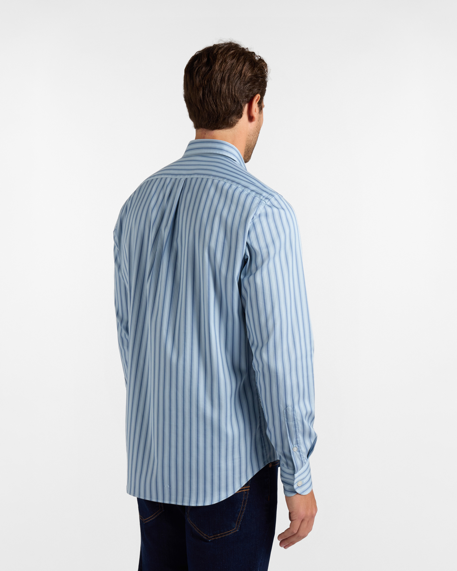 Camisa de hombre a rayas en sat&eacute;n el&aacute;stico de corte regular, AZUL CLARO, large
