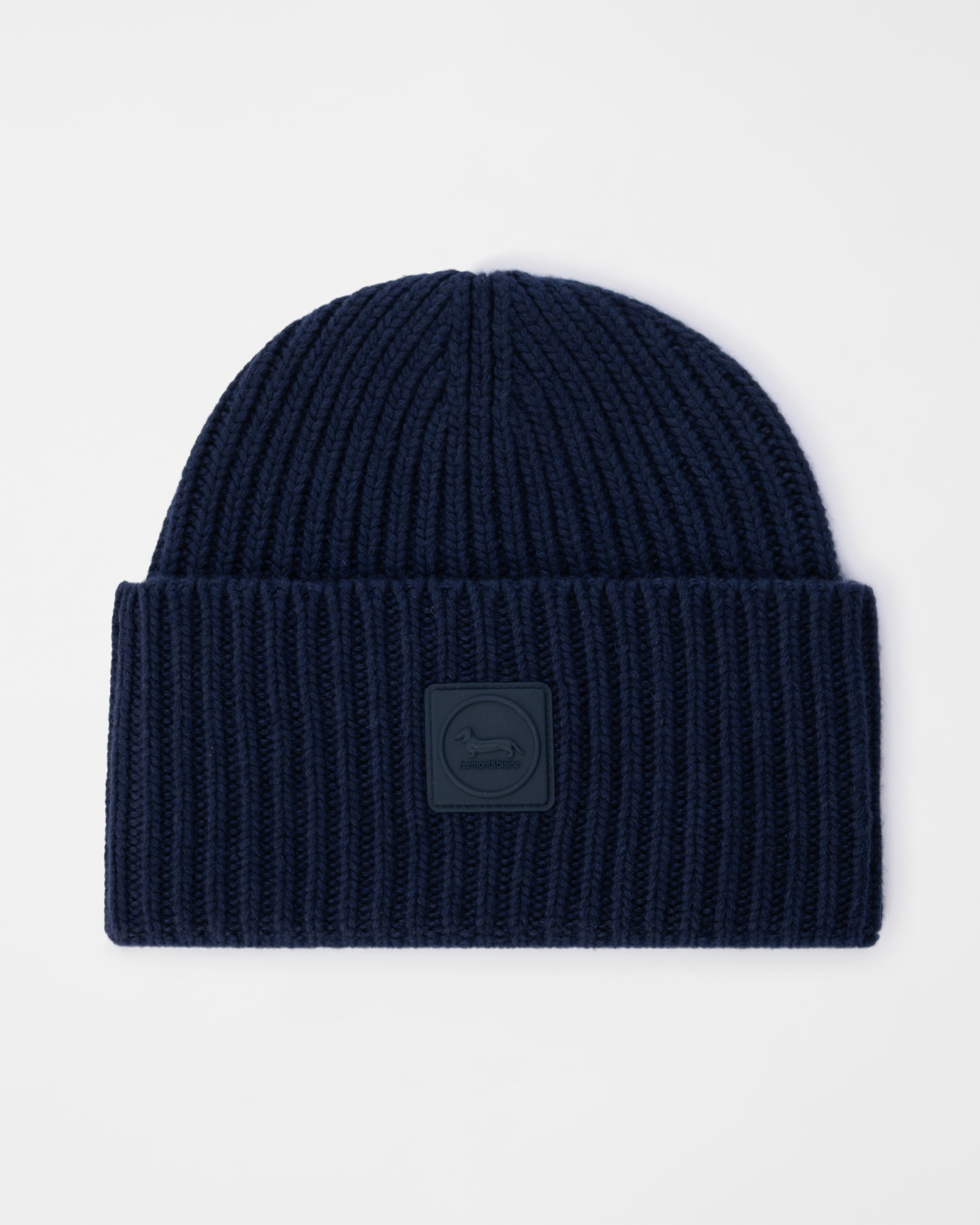 Men&rsquo;s wool and cashmere blend beanie with dachshund patch, NAVY BLUE, large