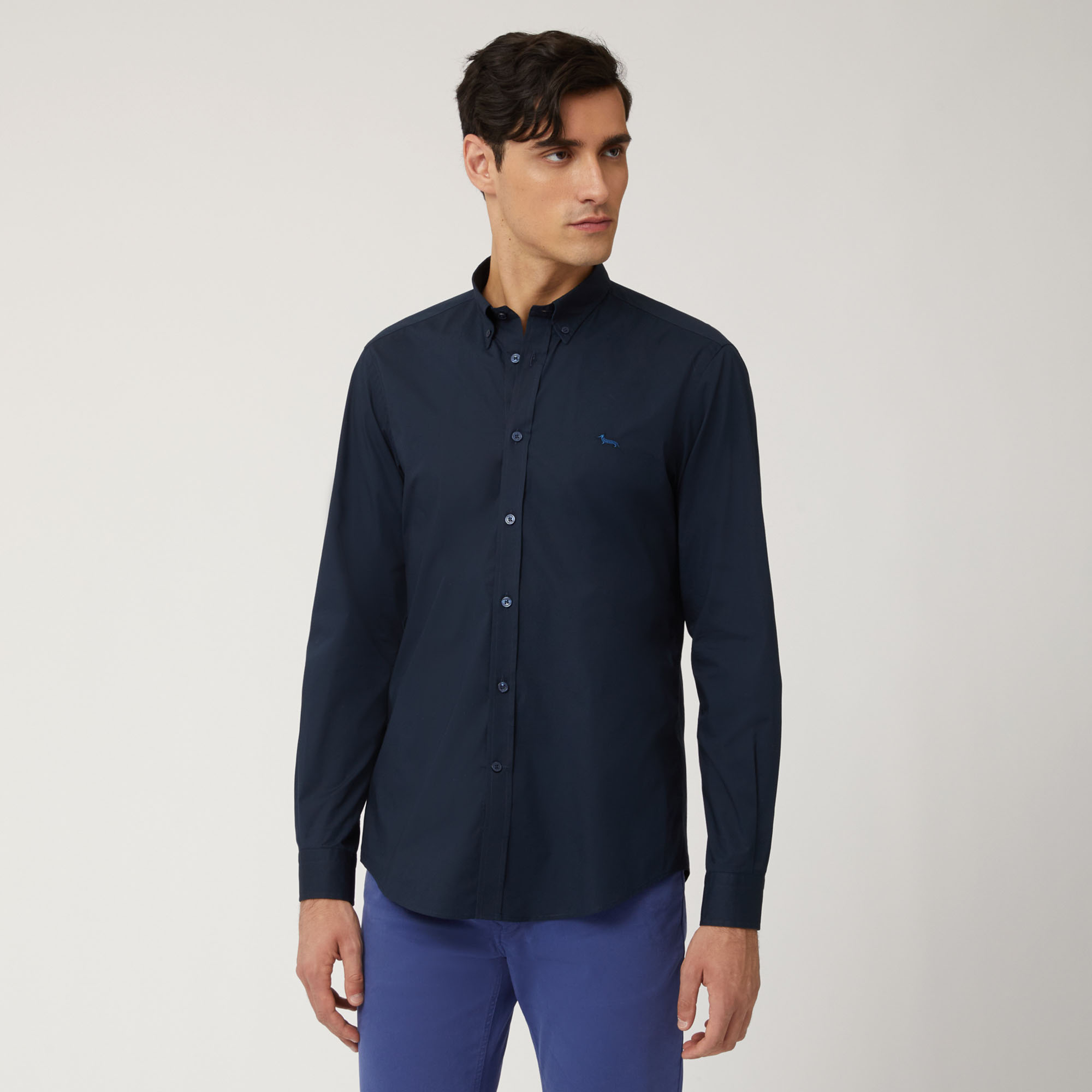 Camicia In Cotone Con Contrasti Interni, Blu Navy, large