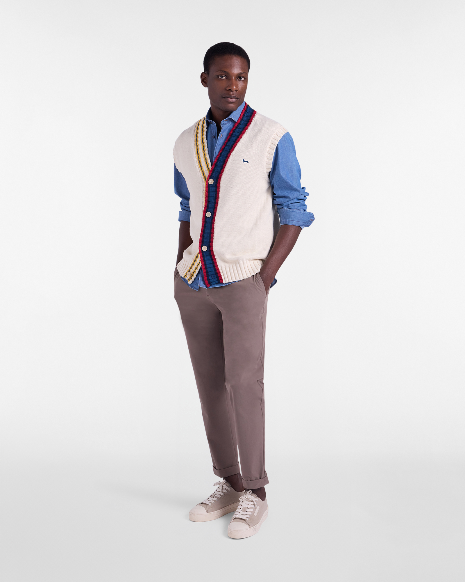 Men's vest with buttons and striped details, Beige, large image number 3