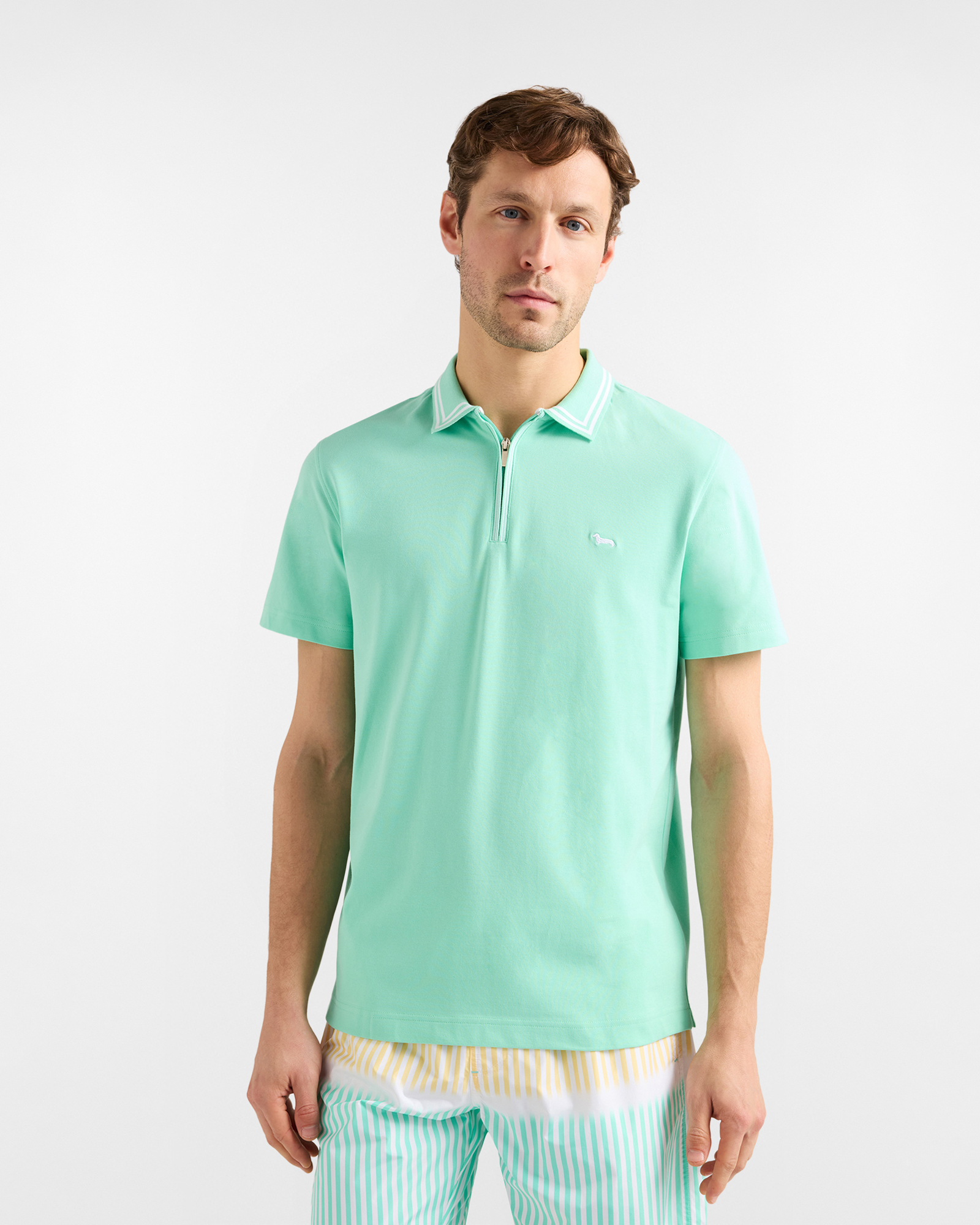 Polo Uomo con Zip in Piqué Stretch, Uomo, Verde, Taglia: S