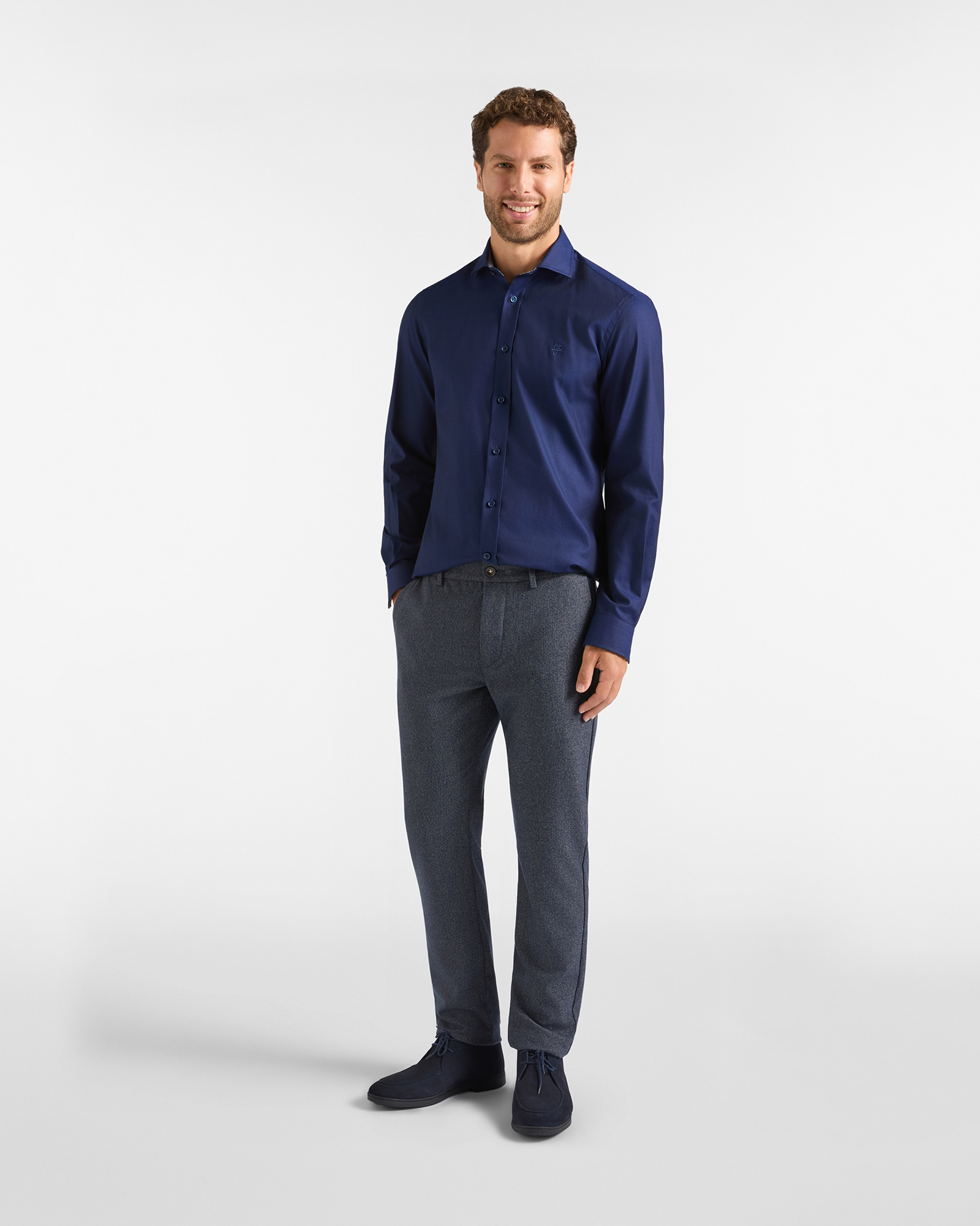 Camicia HBJ Uomo Narrow Fit in puro cotonecon collo French, BLU SCURO, large