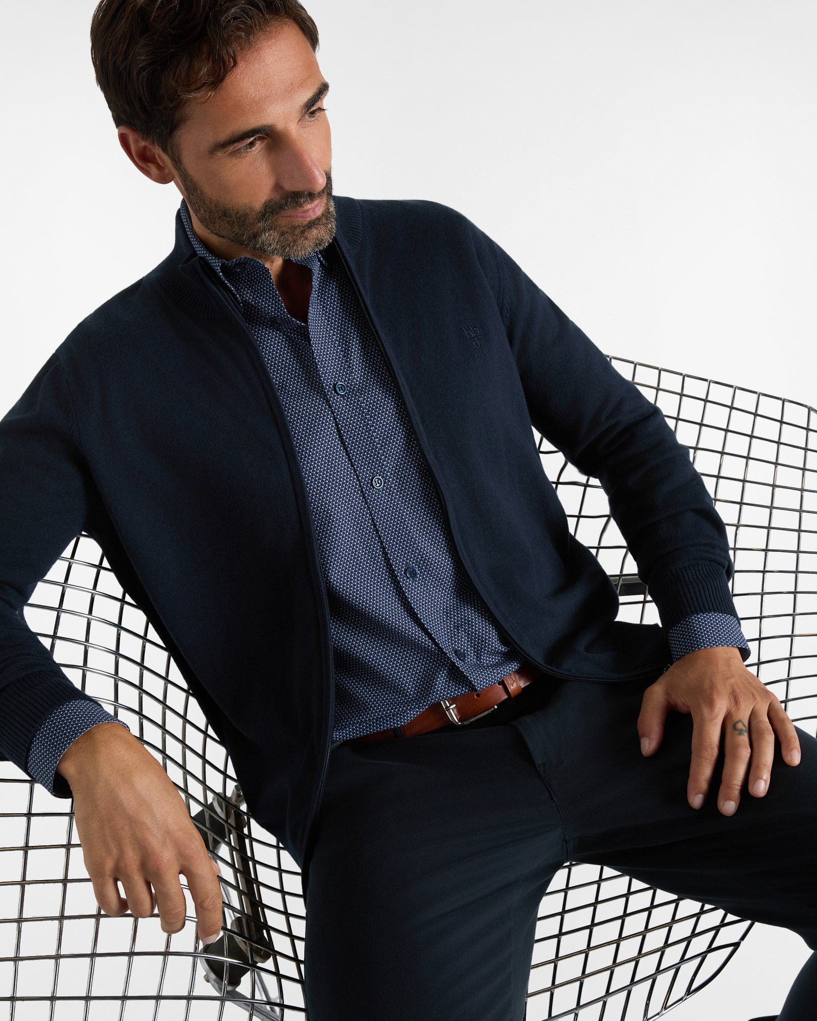 Maglia HBJ Uomo Full Zip in Misto Lana e Cashmere, BLU SCURO, large