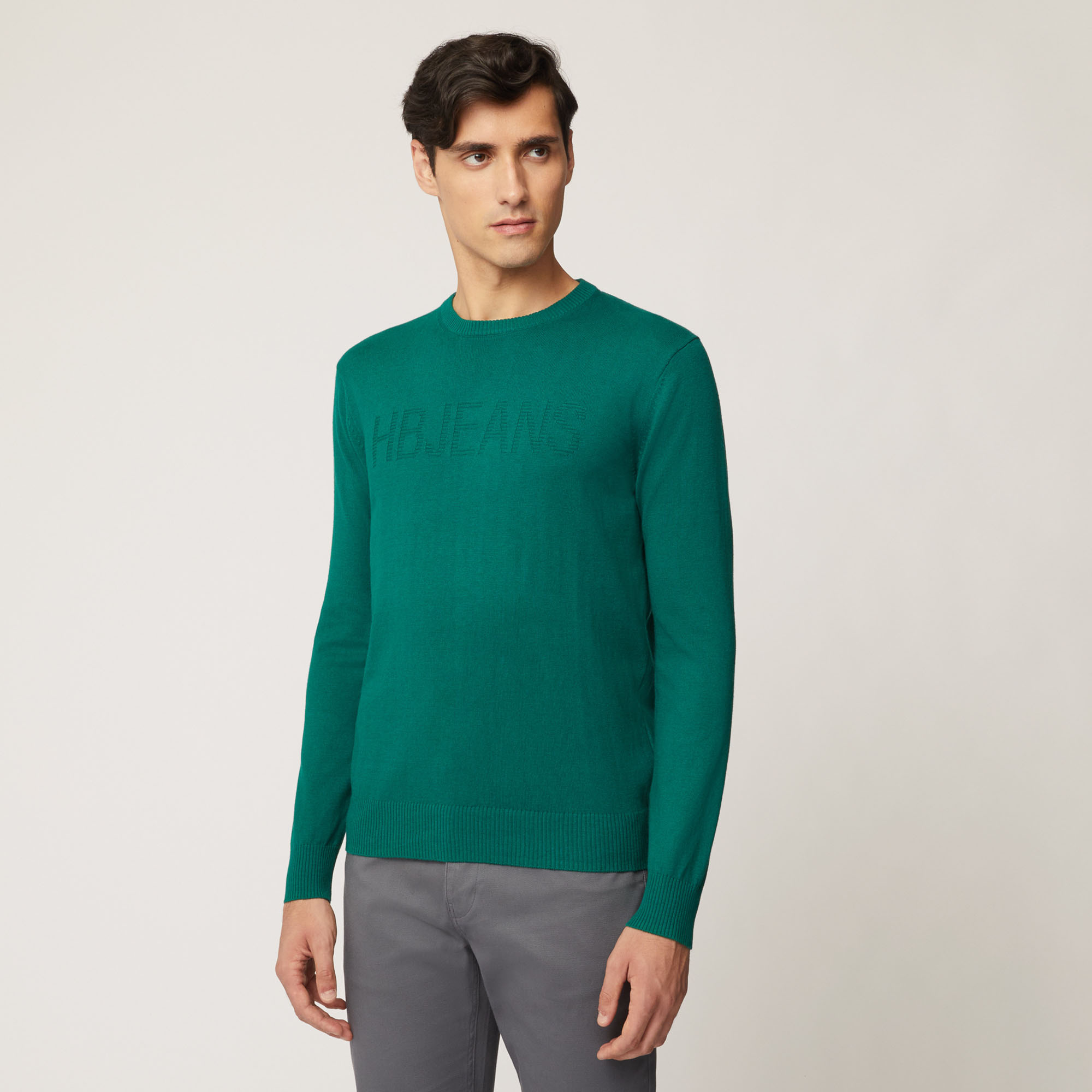 Pullover Girocollo Con Lettering Frontale E Toppe Sui Gomiti, Verde Bottiglia, large image number 0