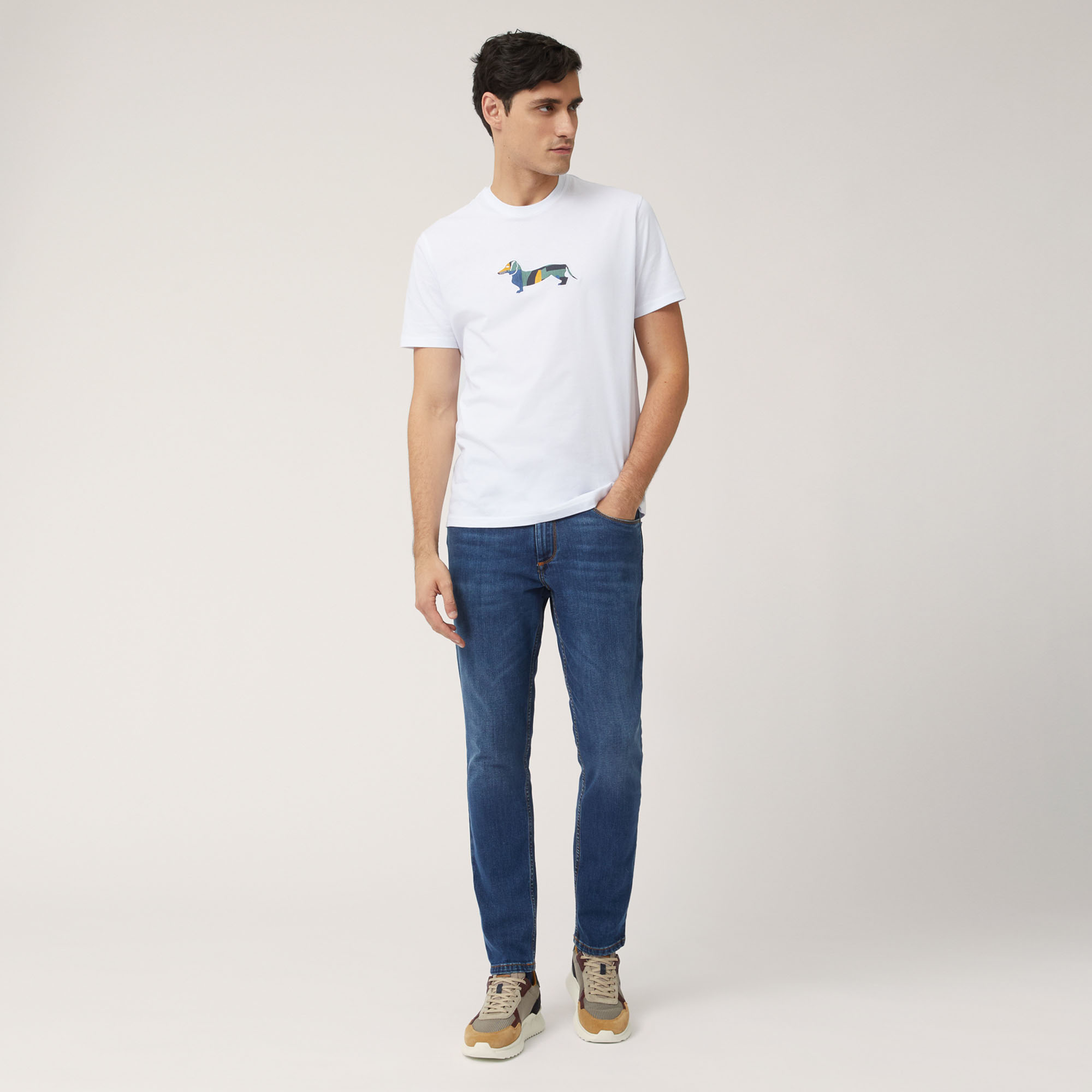 T-Shirt In Cotone Con Bassotto Multicolor, Bianco, large image number 3