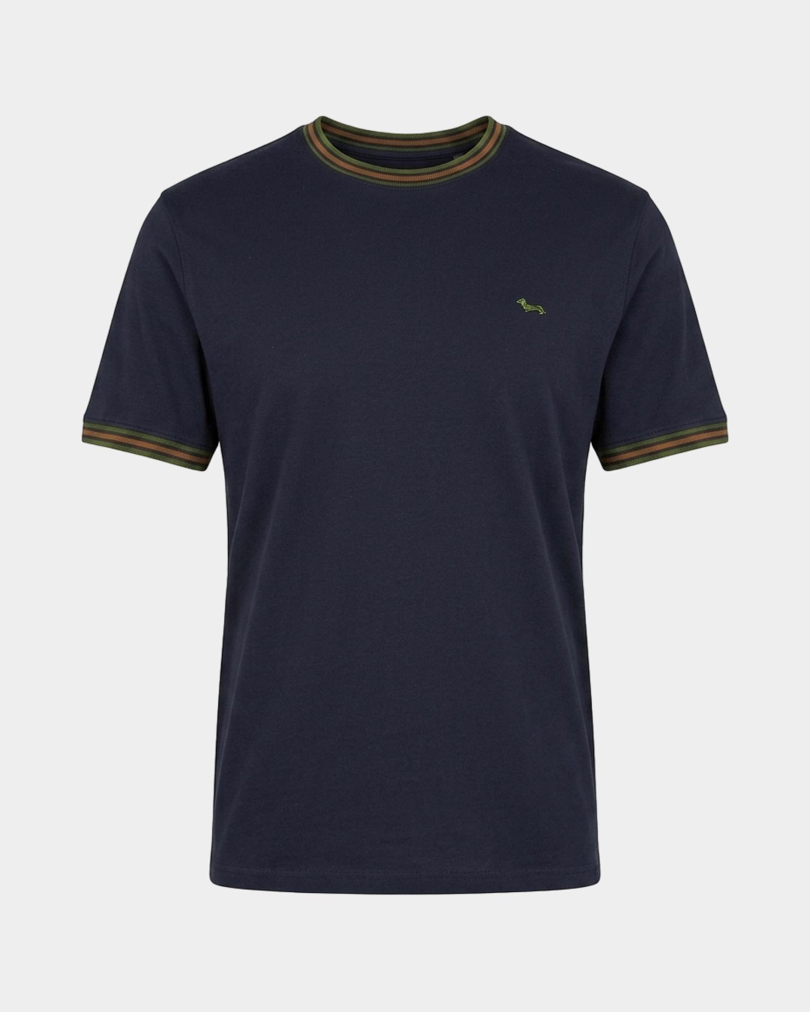 Men's regular-fit T-shirt with striped ribbed crewneck in 100% pure cotton, NAVY BLUE, large