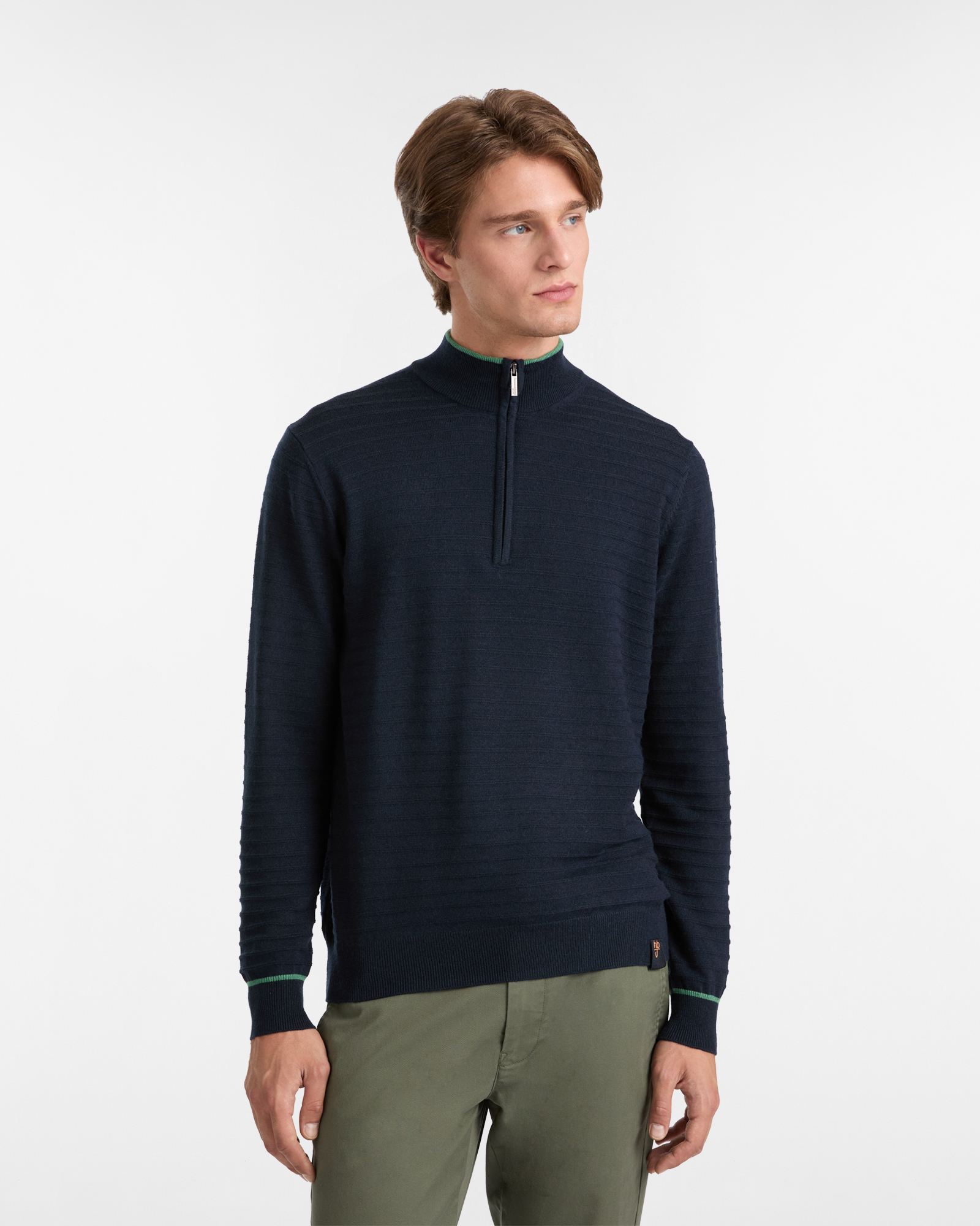 Half Zip Sweater with High Neck and Contrast Edges