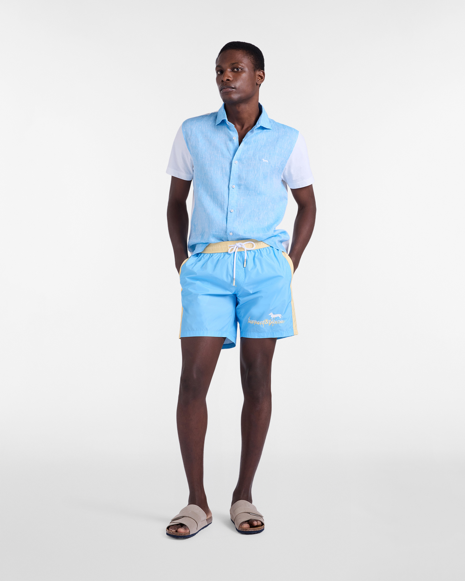 Men's linen and jersey polo shirt, Blue, large image number 3