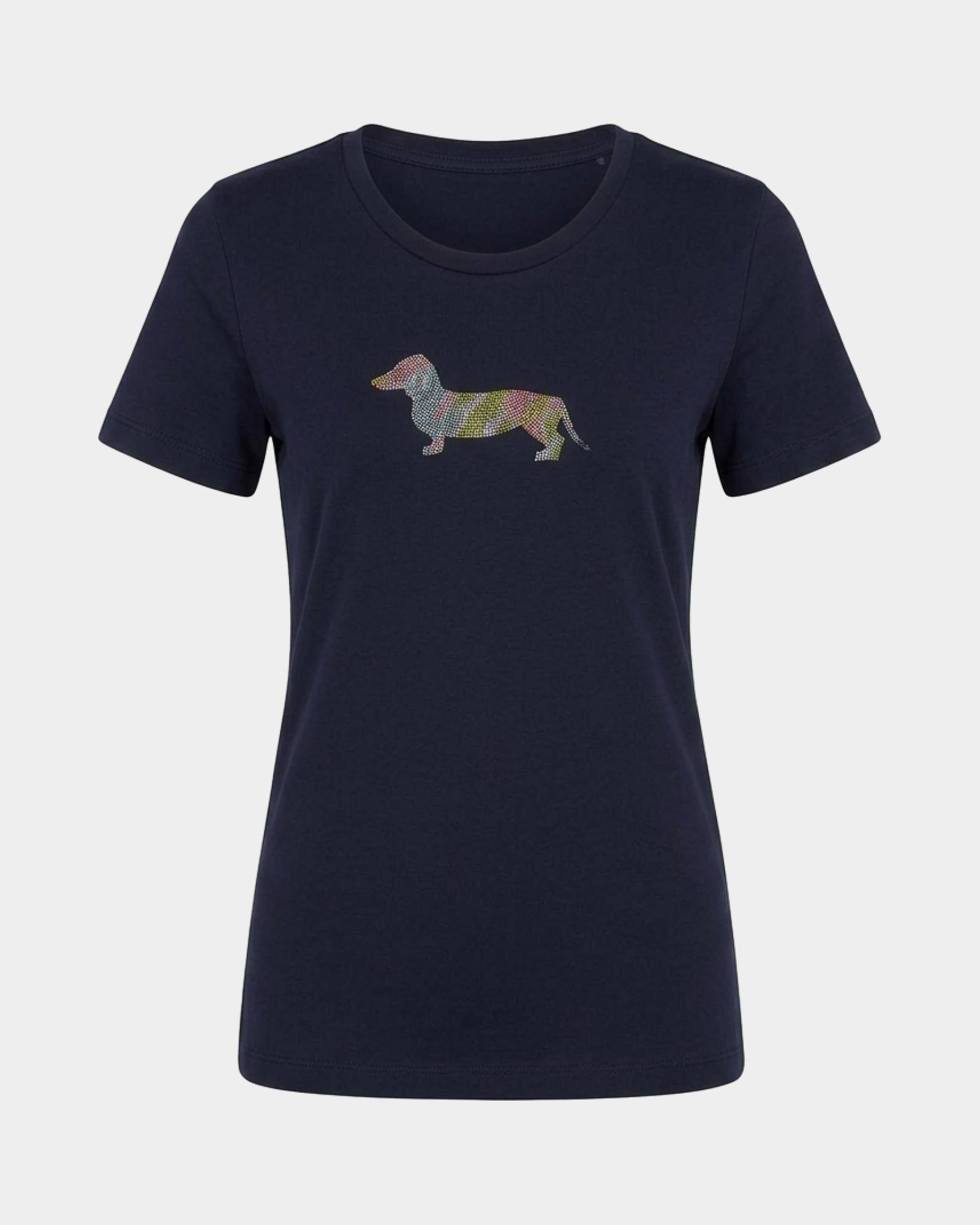 Camiseta de mujer en algod&oacute;n el&aacute;stico  con maxi perro salchicha, AZUL, large