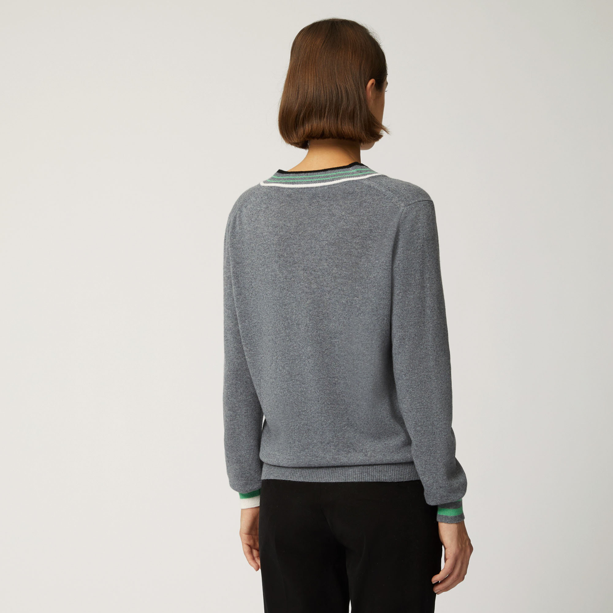 Pullover In Cashmere Con Dettagli Rigati, Grigio, large image number 1