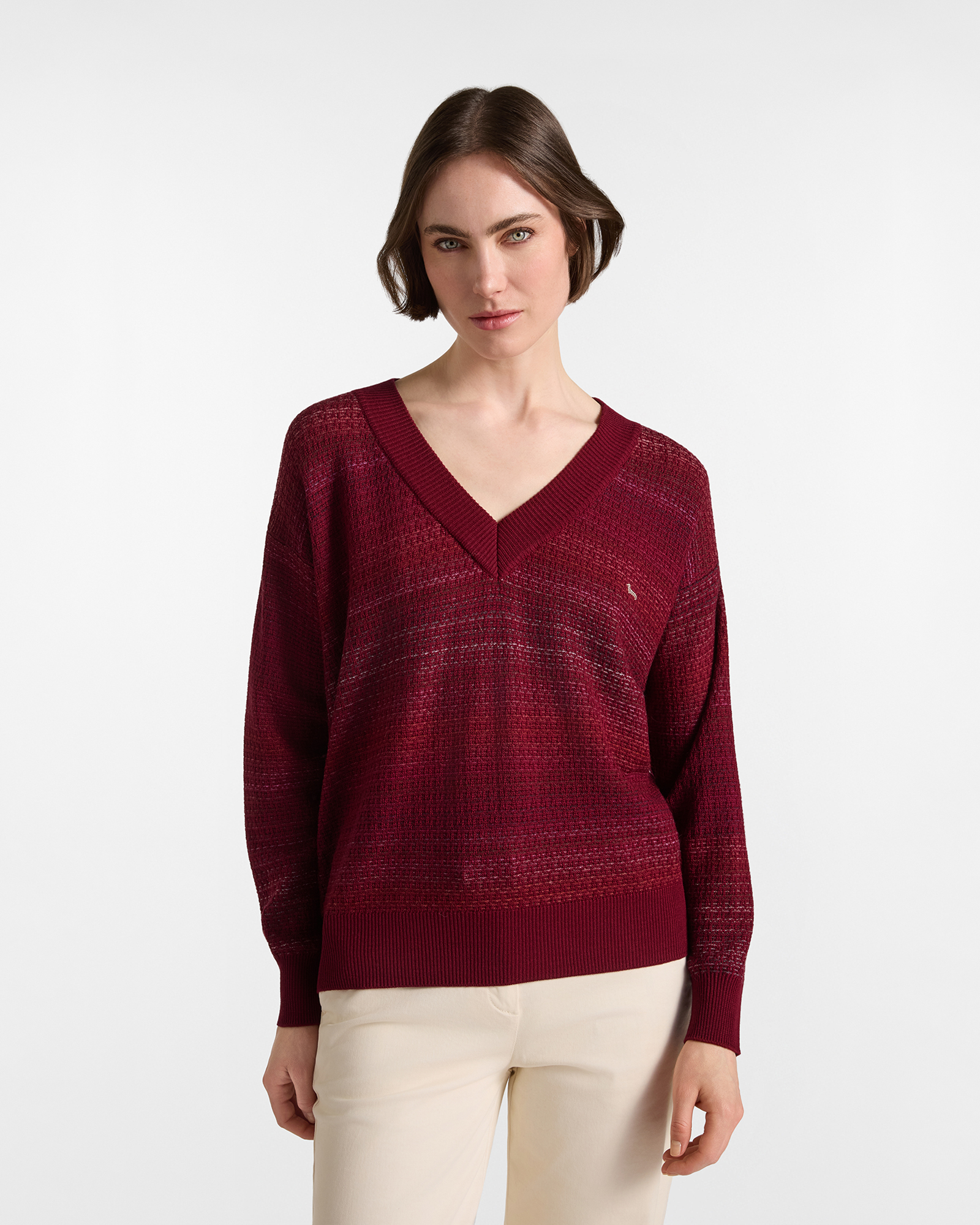 Women's Made in Italy deep V-neck pullover in red 100% pure wool