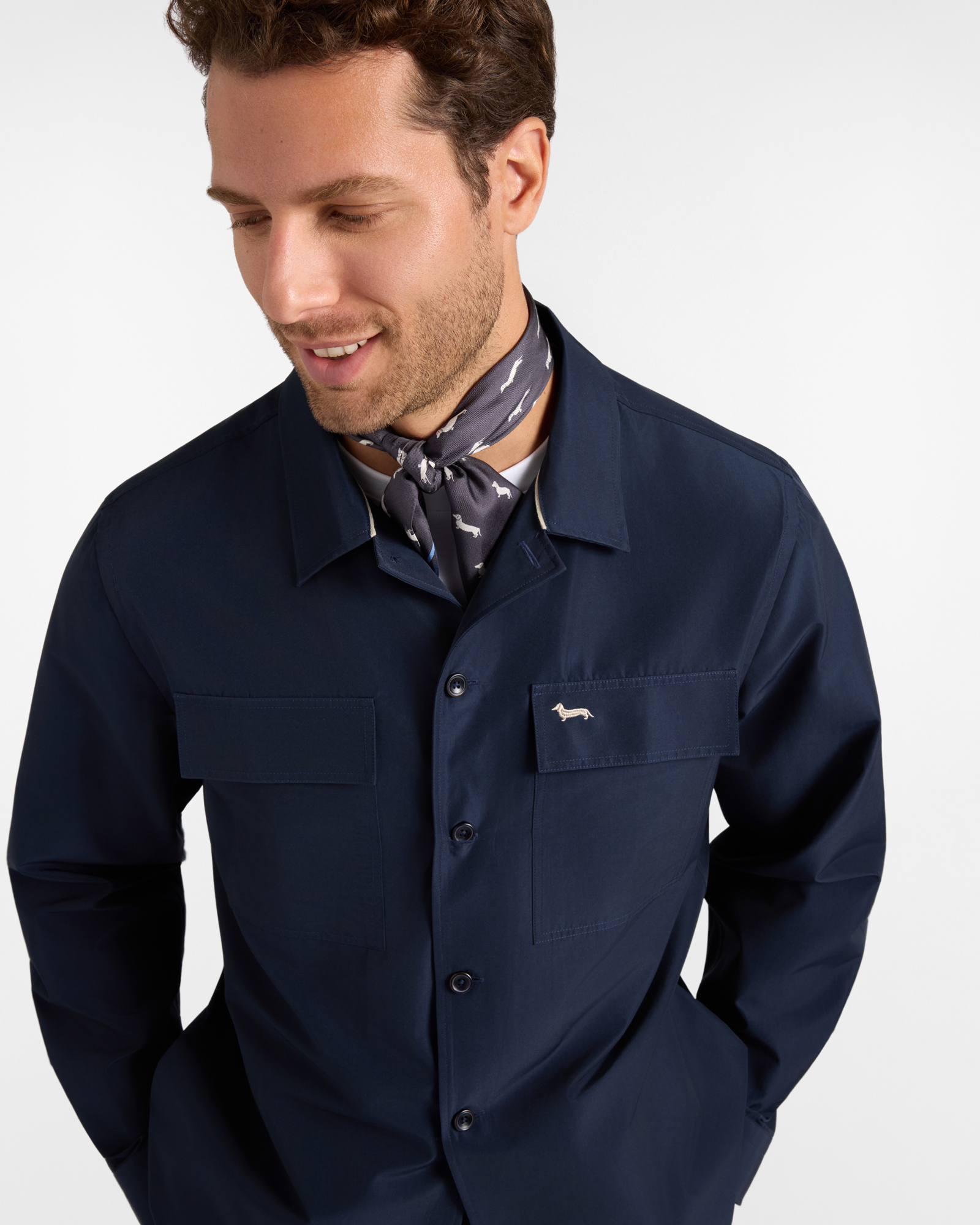 Men&rsquo;s pure silk bandana with all-over navy blue Bassotti print