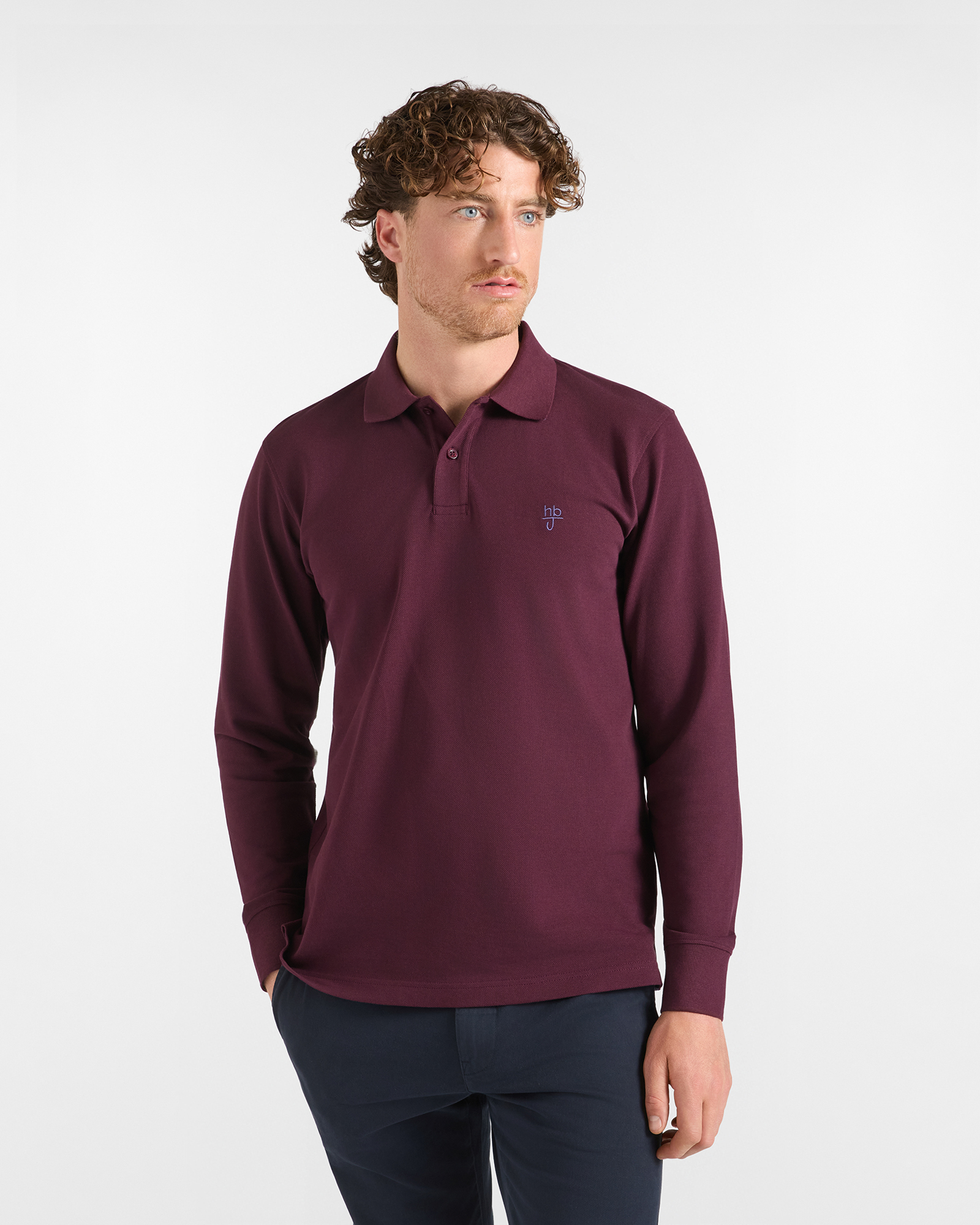 Polo HBJ Uomo Manica Lunga in Cotone Piquet Prugna
