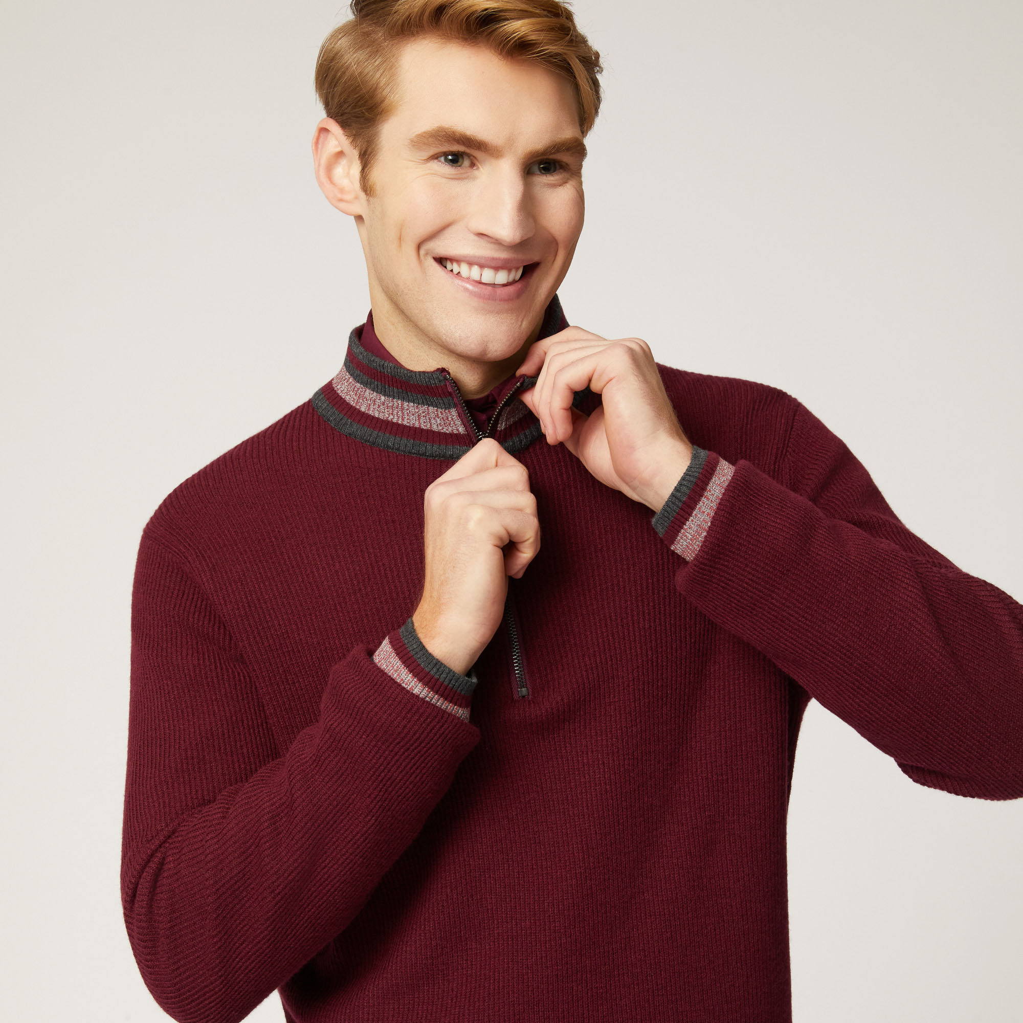 HALF ZIP PUNTO MAGLIA INGLESE, Rosso Scuro, large image number 2