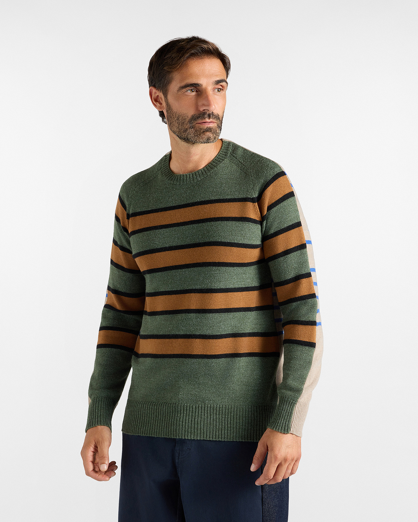 Men&rsquo;s multi-striped bottle green wool and viscose blend jumper, Made in Italy