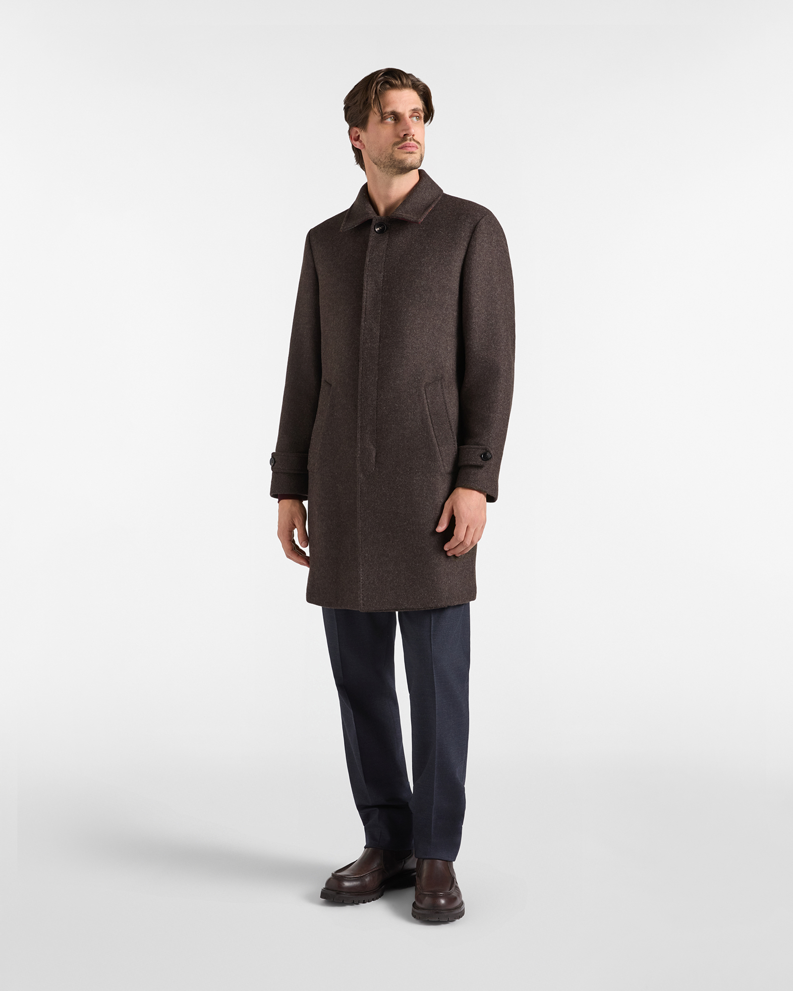 Men&rsquo;s Dark Brown Wool-Blend Coat with Check Details &ndash; &lsquo;Qualit&agrave; a Colori&rsquo; Capsule Collection
