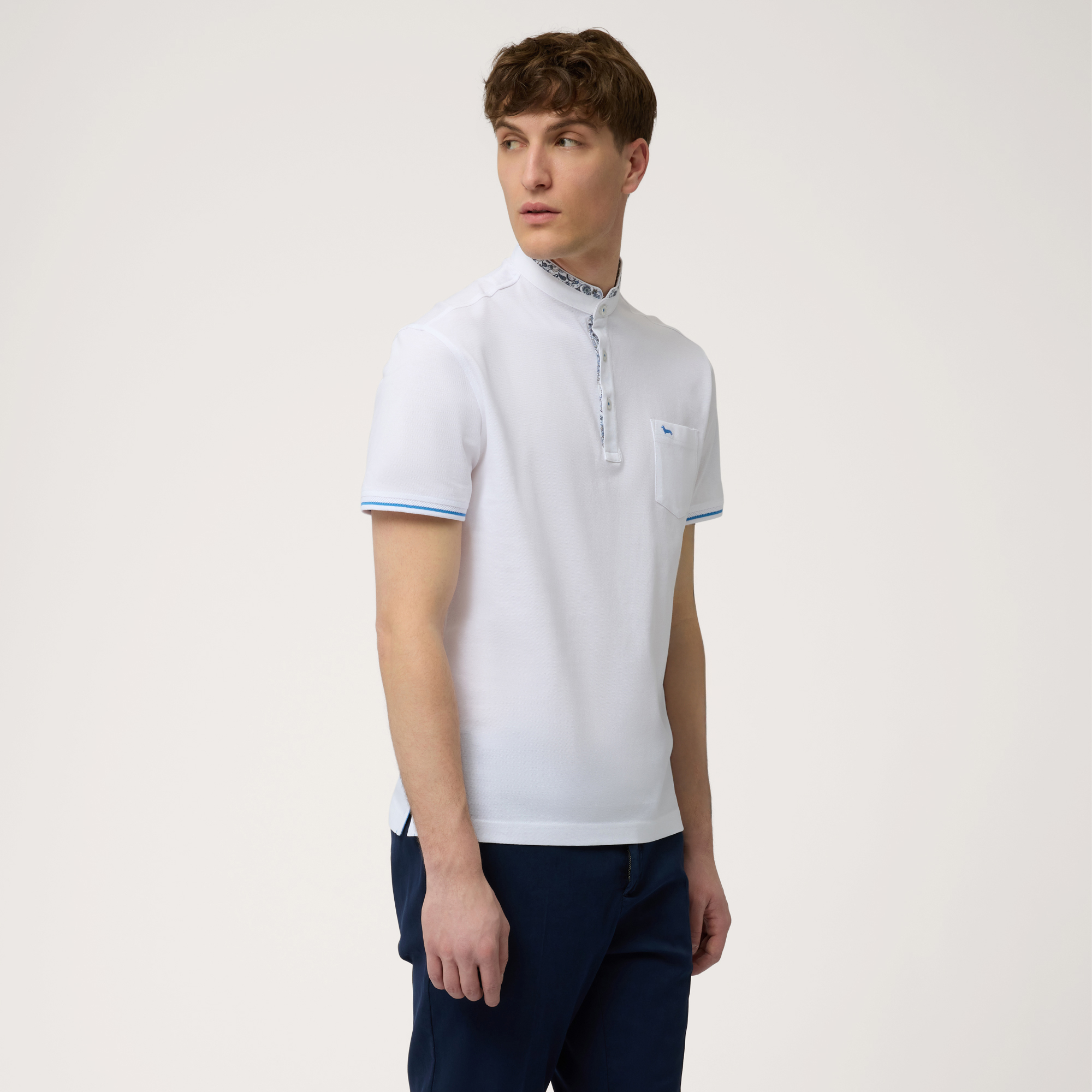 Polo with Mandarin Collar, White, large