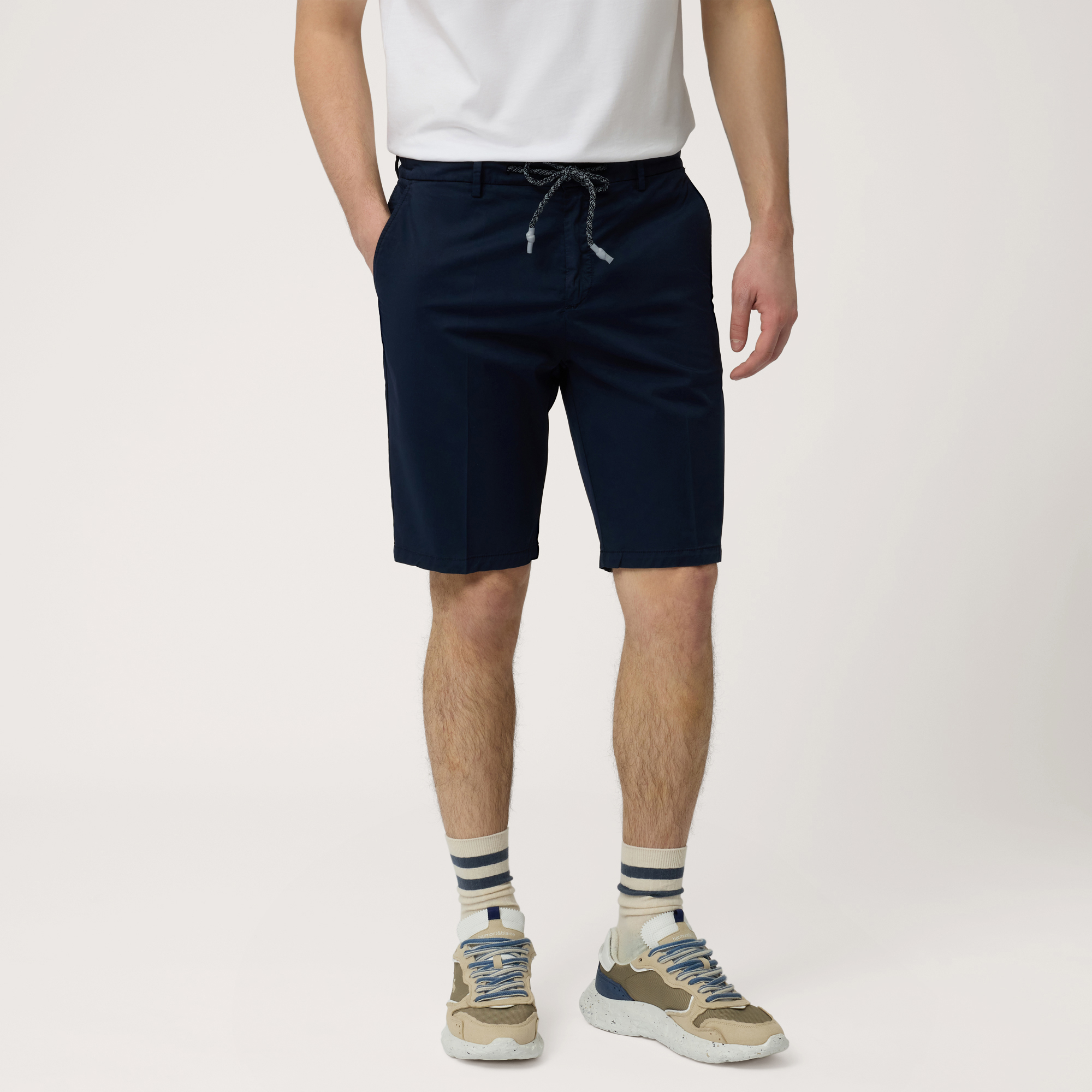 Cotton Bermuda Shorts with Drawstring, Navy Blue, large