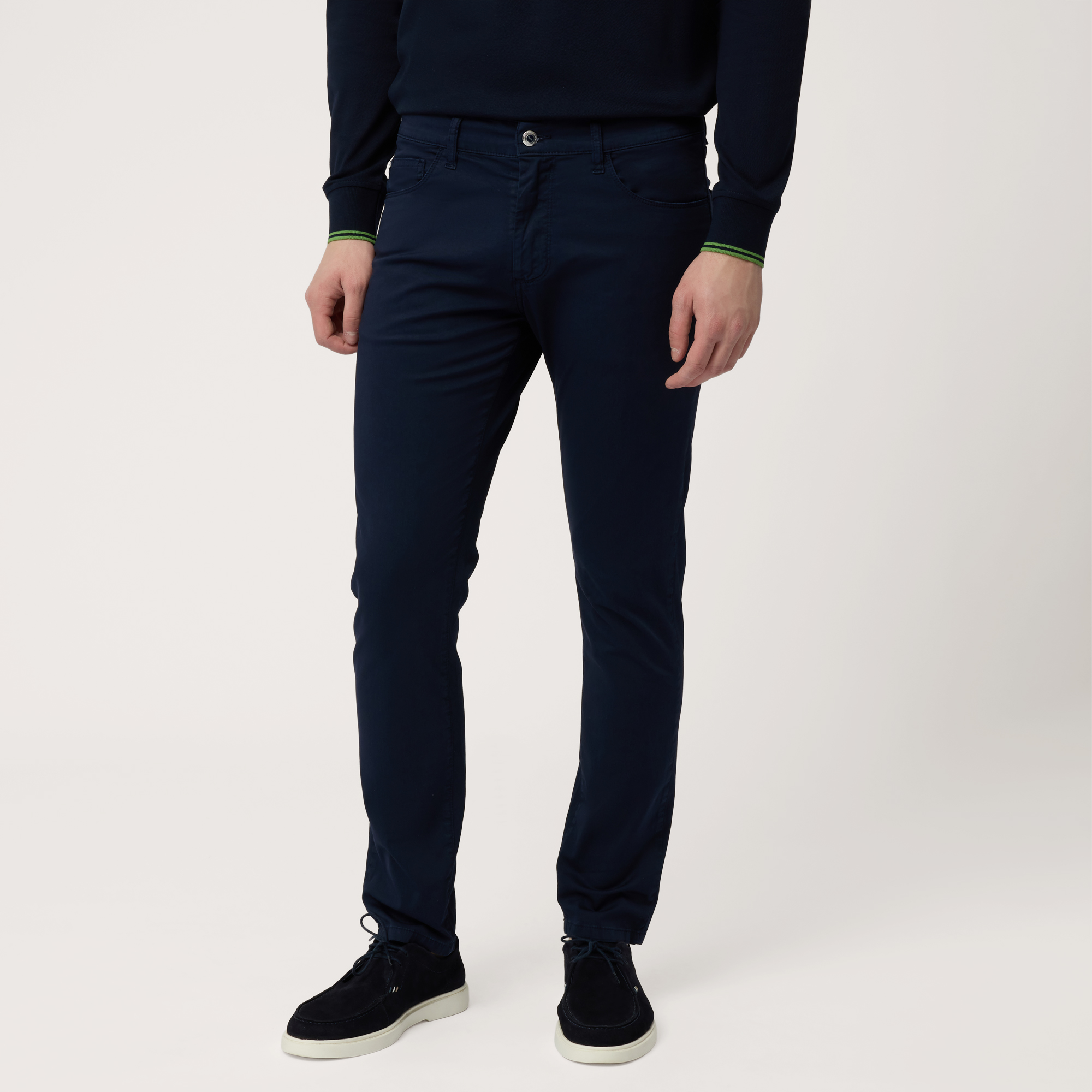 Cotton Blend Slim Pants, Navy Blue, large