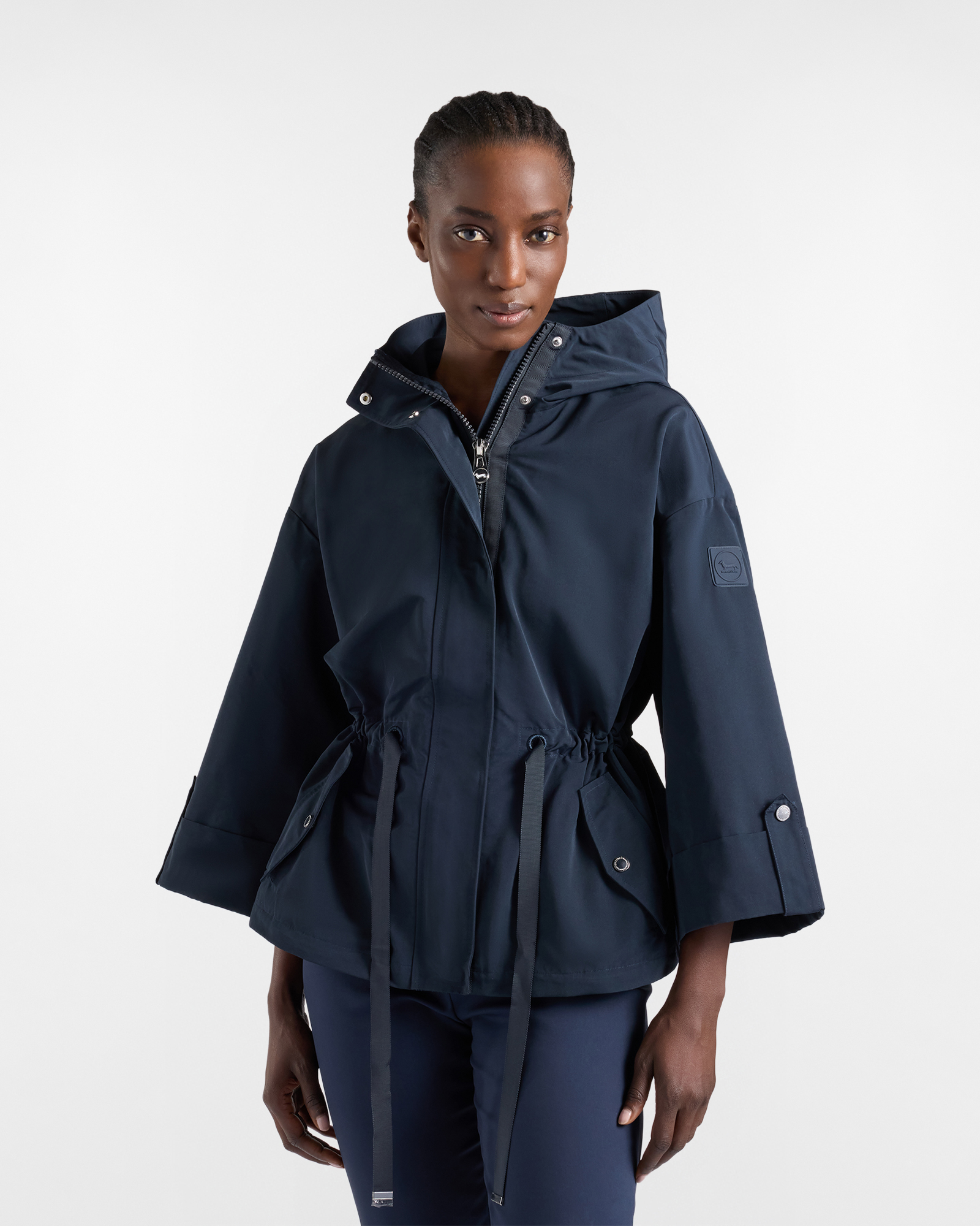 Caban con coulisse e cappuccio, Blu Navy, large
